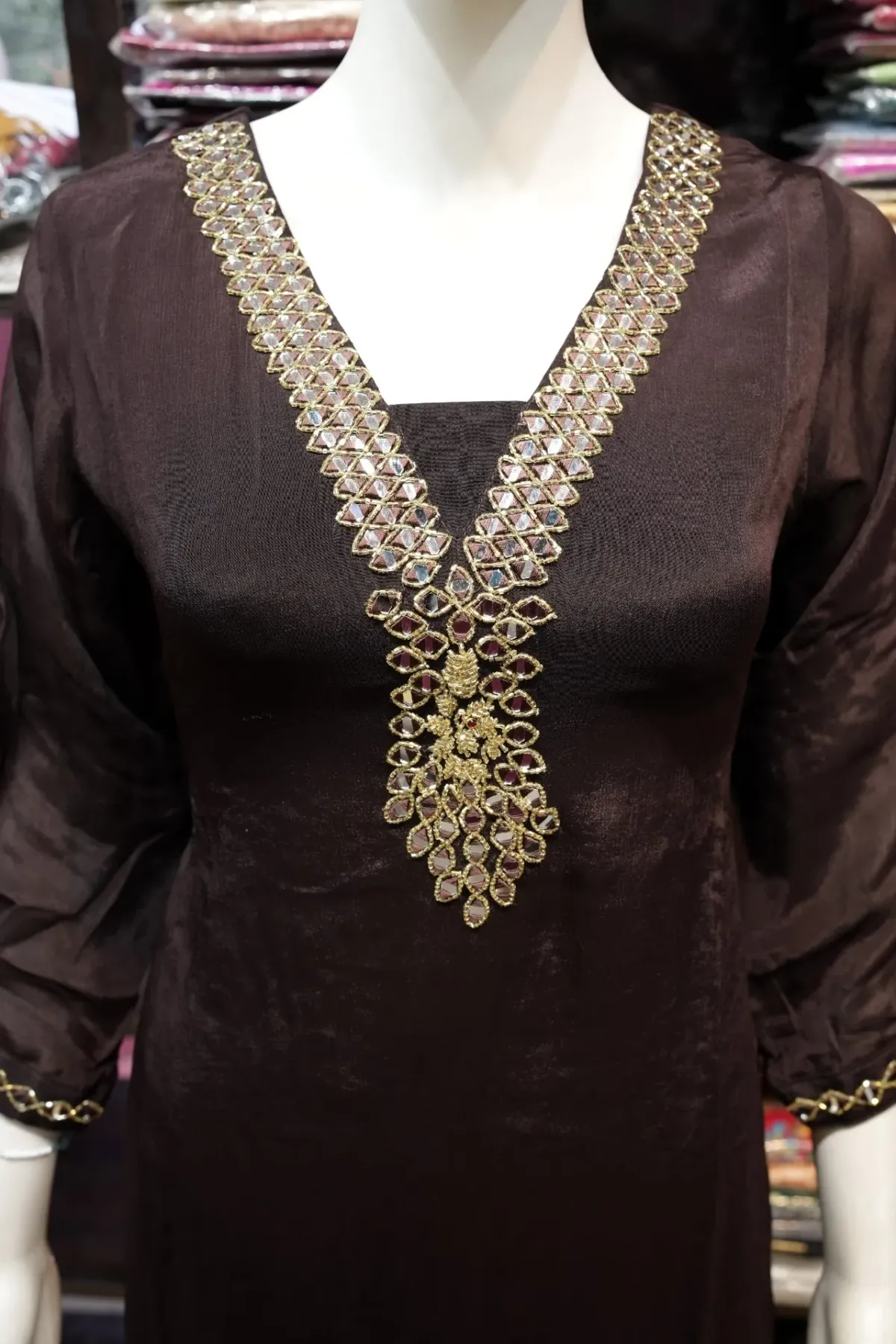 Dark Chocolate Brown Embroidered Suit Set with Magenta Dupatta thumbnail 3