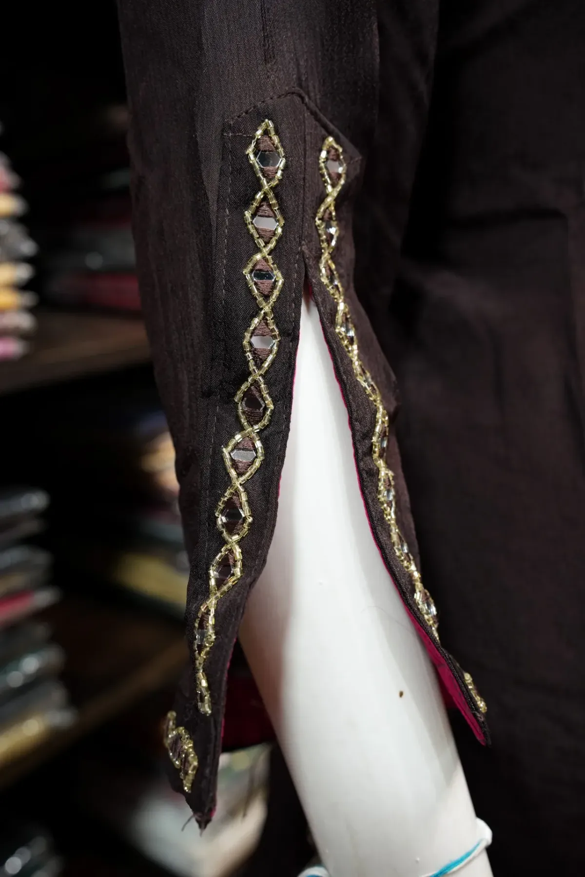 Dark Chocolate Brown Embroidered Suit Set with Magenta Dupatta thumbnail 4