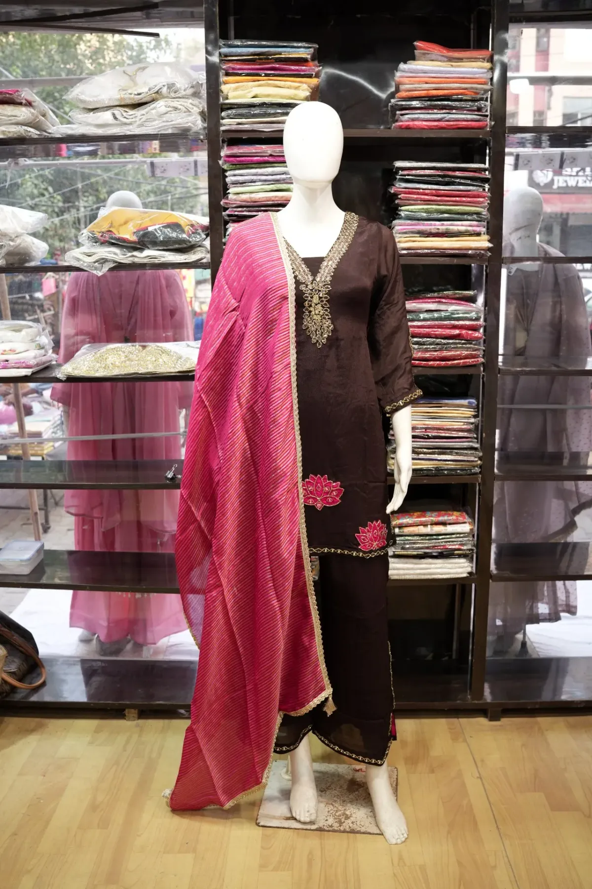 Dark Chocolate Brown Embroidered Suit Set with Magenta Dupatta thumbnail 2