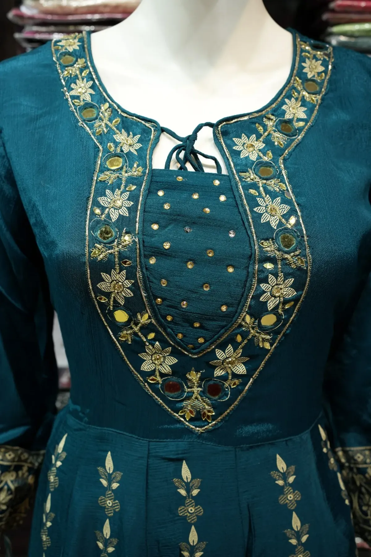 Teal Blue Gold Embroidered Anarkali Suit Set with Dupatta thumbnail 4