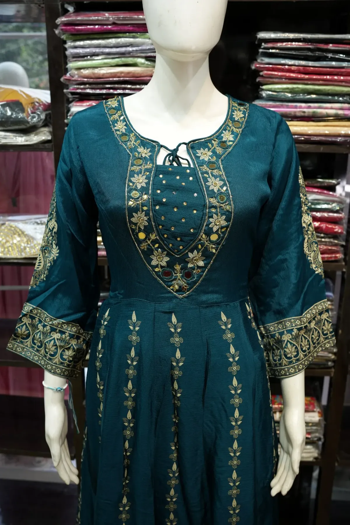 Teal Blue Gold Embroidered Anarkali Suit Set with Dupatta thumbnail 3