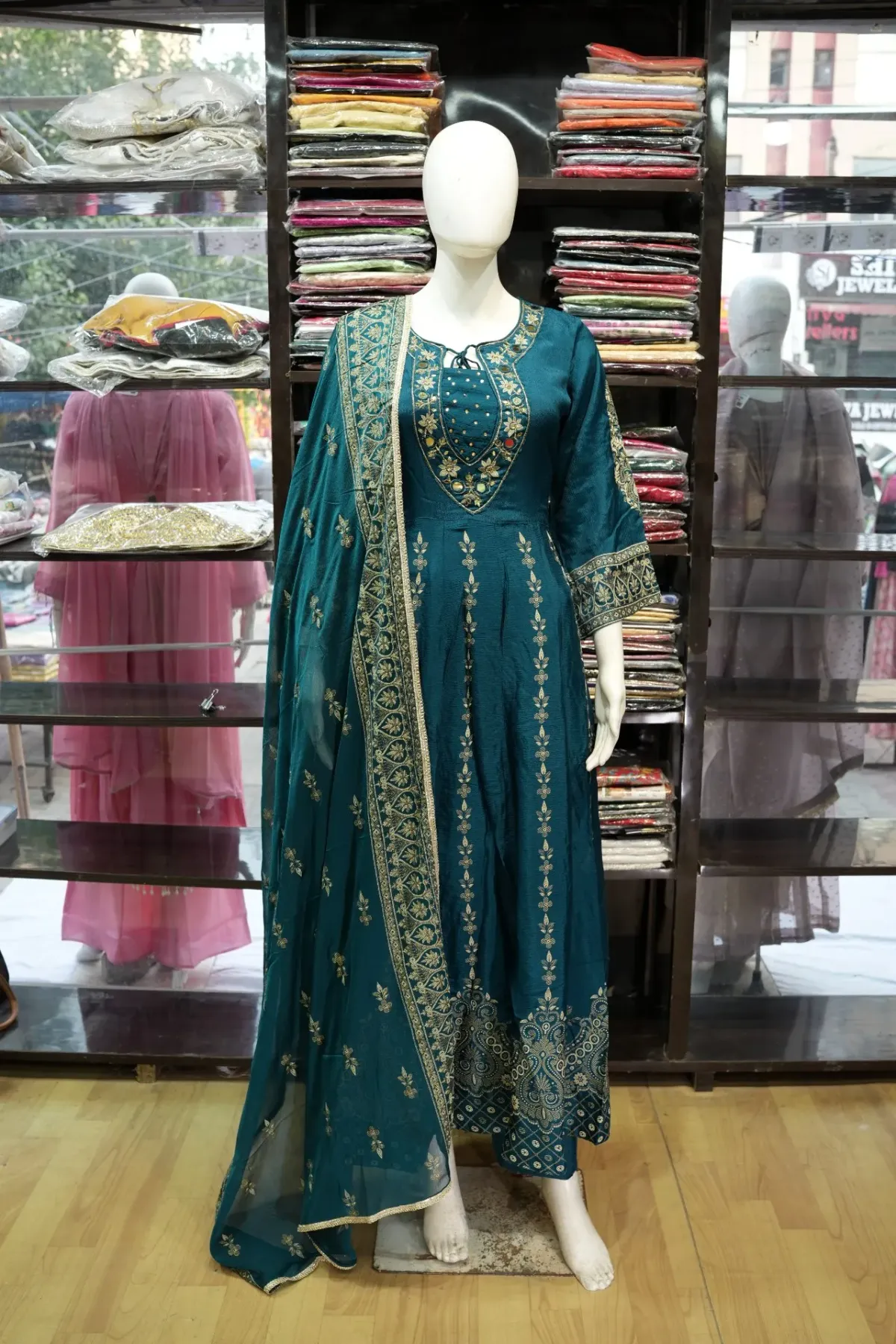 Teal Blue Gold Embroidered Anarkali Suit Set with Dupatta thumbnail 2