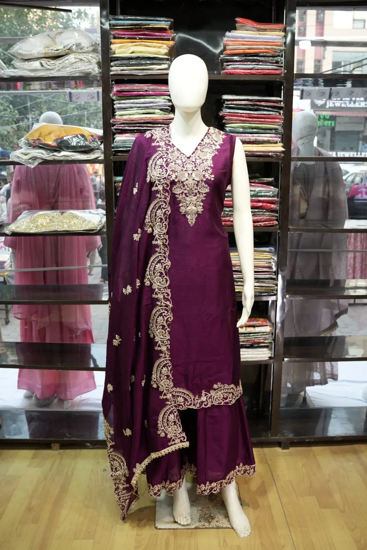 Royal Plum Gold-Embroidered Sharara Suit Set with Dupatta thumbnail 2