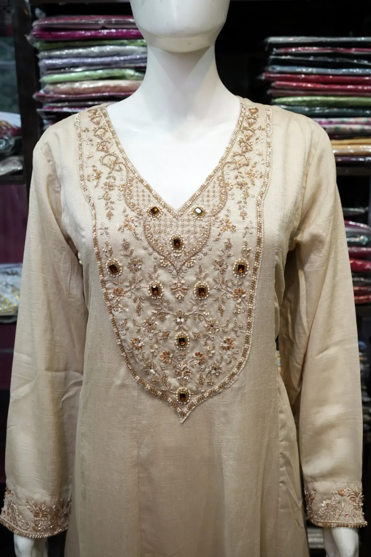 Champagne Beige Embroidered Kurta Set with Embellished Dupatta thumbnail 4
