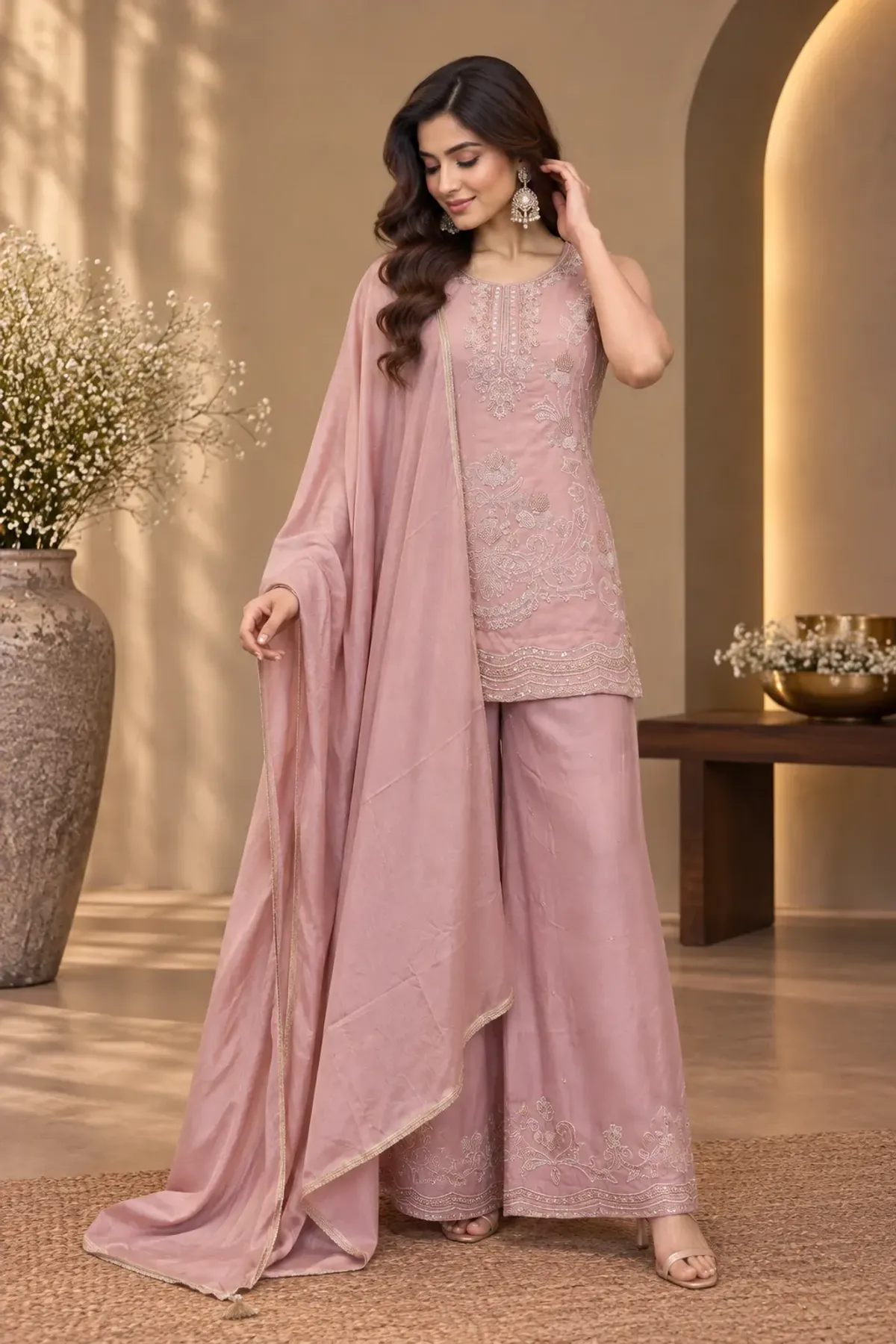 Dusty Blush Pink Embroidered Kurta with Palazzo Pants & Dupatta