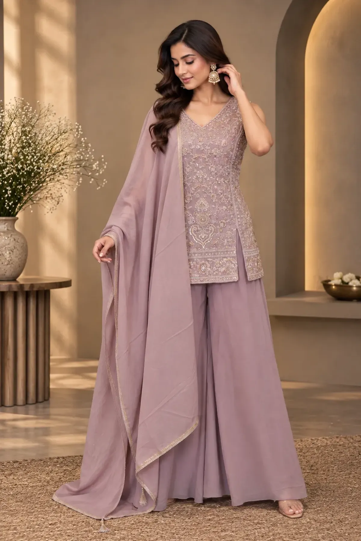 Dusty Mauve Embroidered Asymmetric Kurta with Palazzo Pants & Dupatta