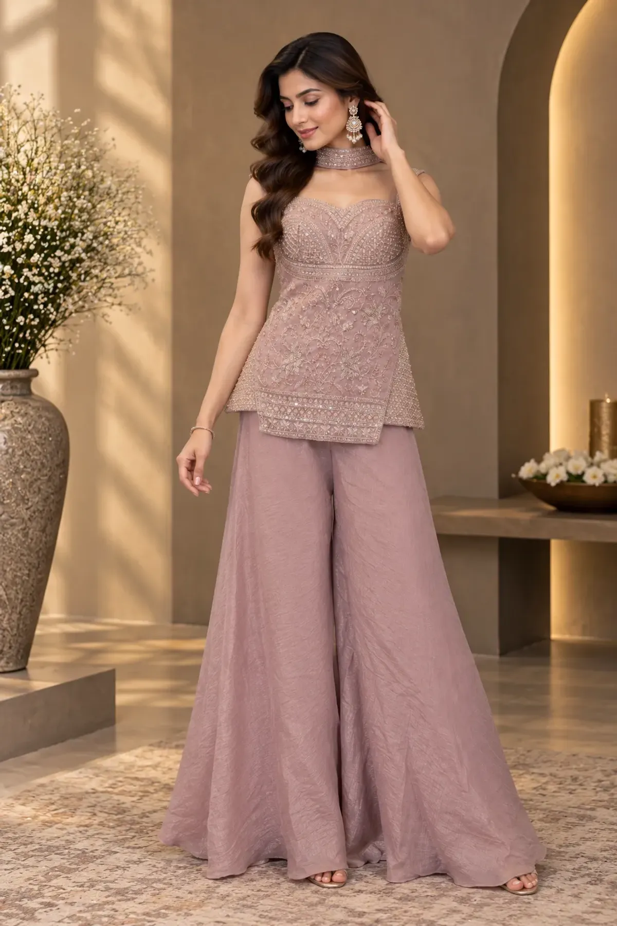 Dusty Mauve Embroidered Peplum Top with Wide-Leg Palazzo Pants