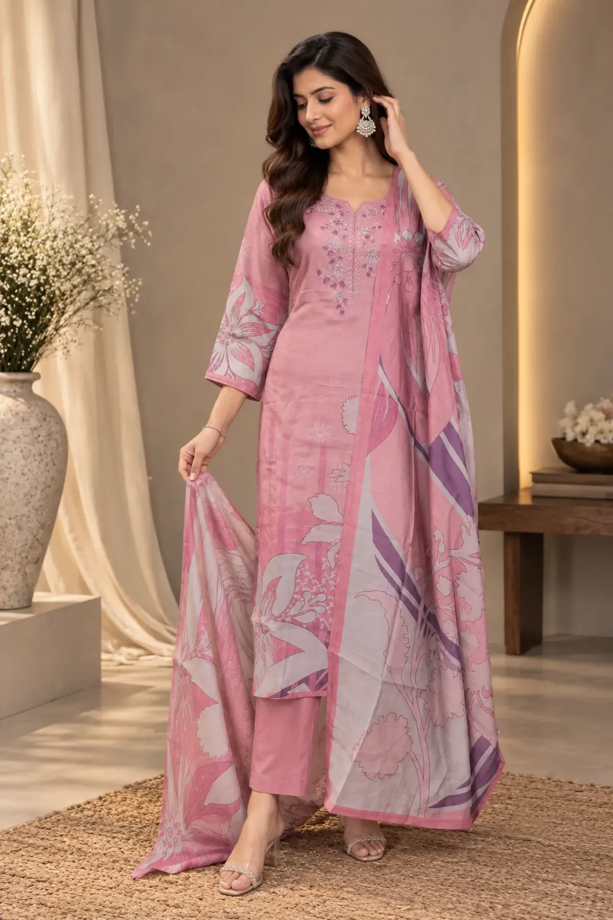 Dusty Rose Pink Printed Kurta Pant Set with Floral Dupatta