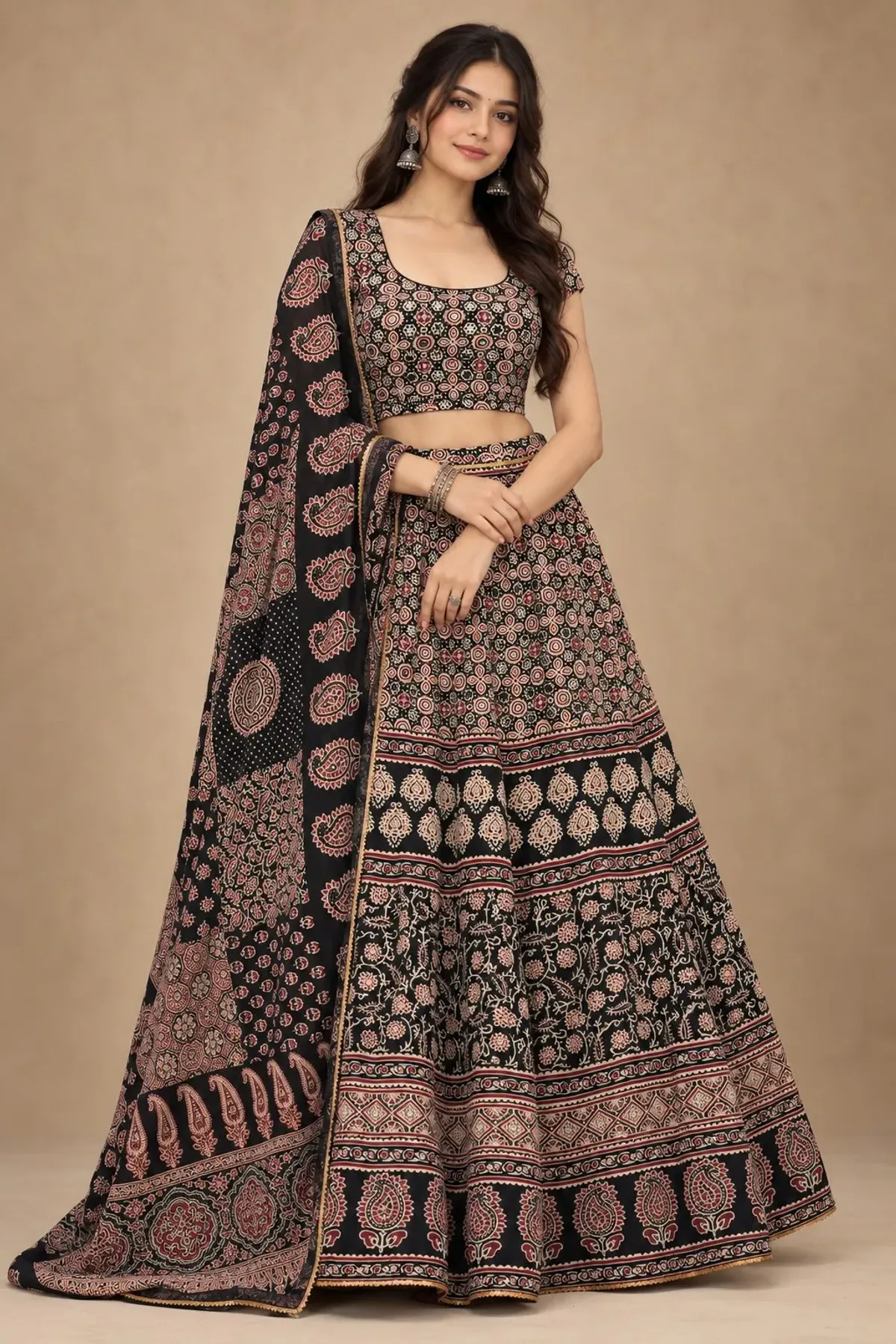 Black Printed Lehenga Choli with Matching Dupatta
