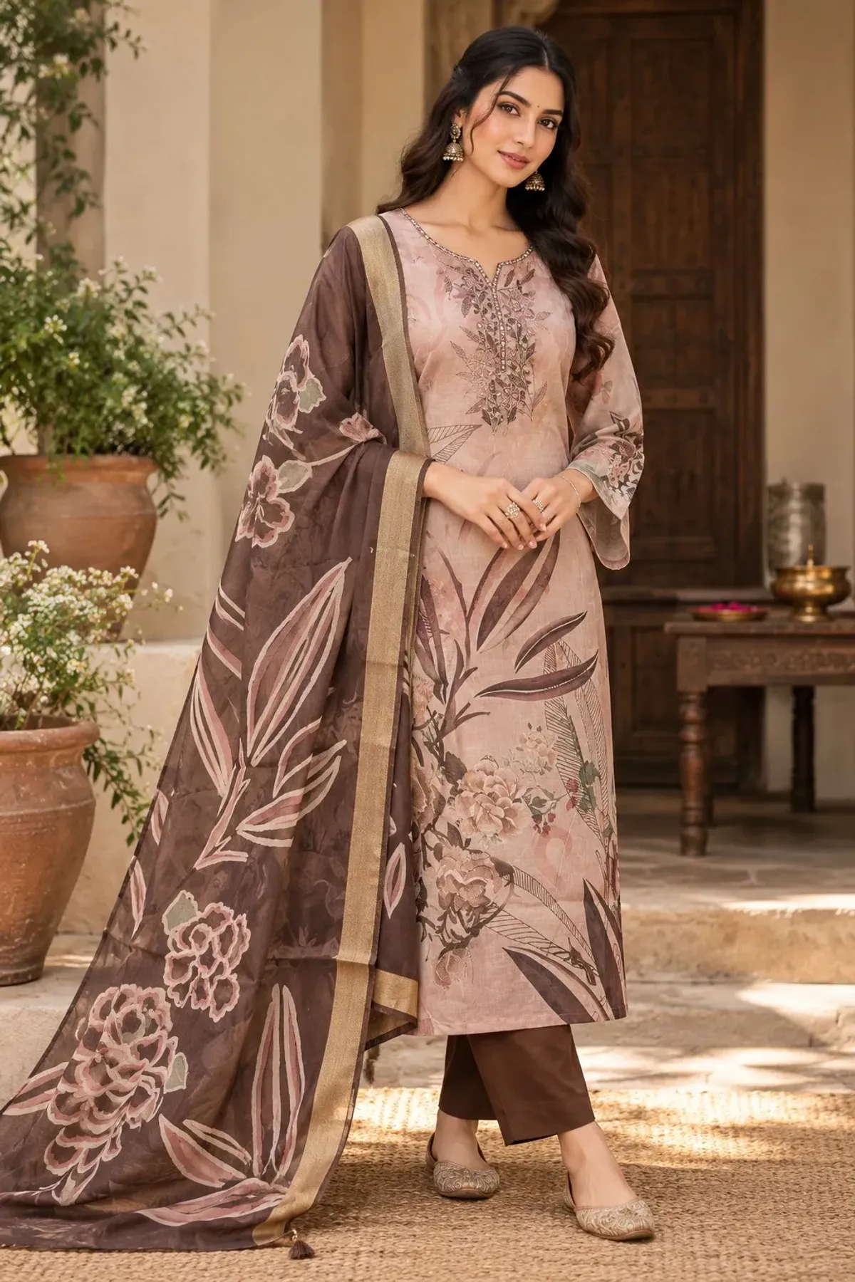 Dusty Rose Floral Printed Kurta Set with Brown Dupatta