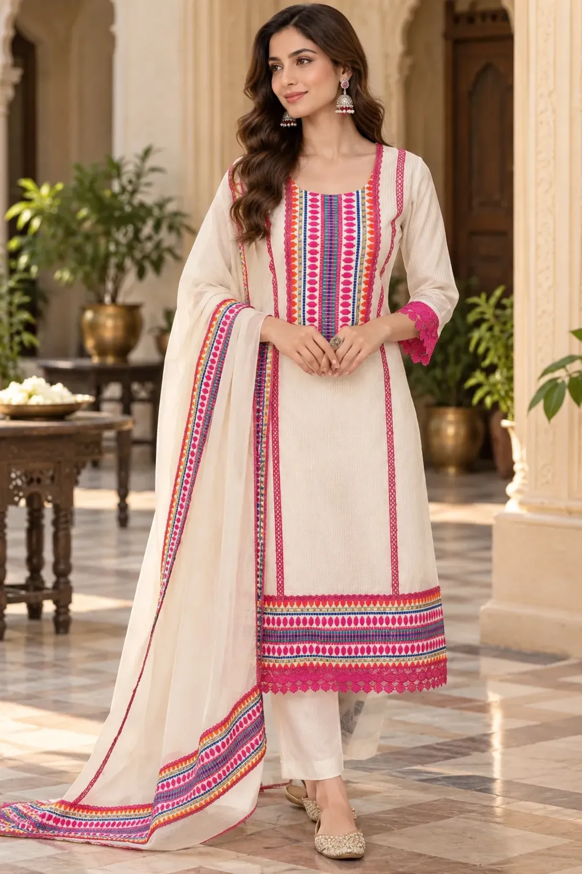 Cream Multicolor Embroidered Straight Suit Set with Dupatta