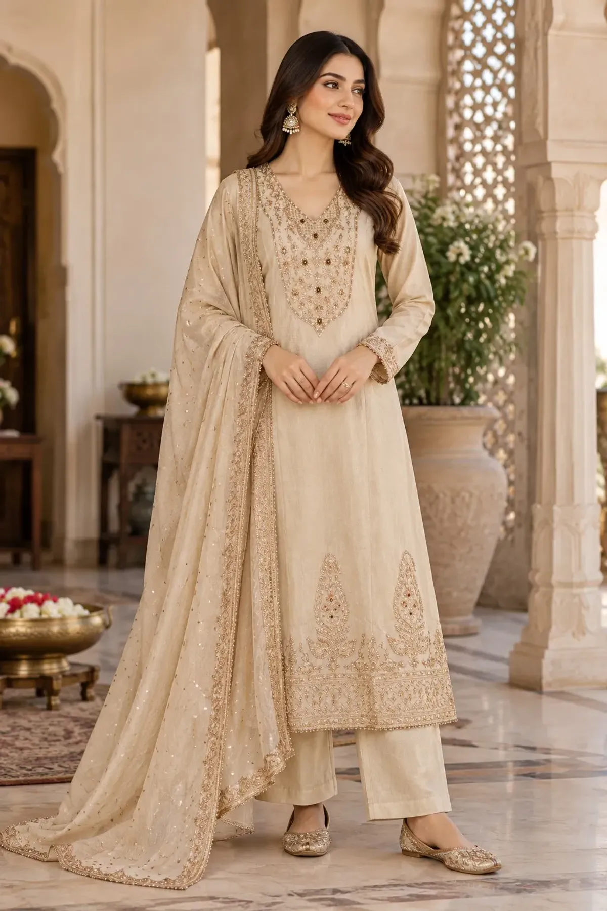 Champagne Beige Embroidered Kurta Set with Embellished Dupatta
