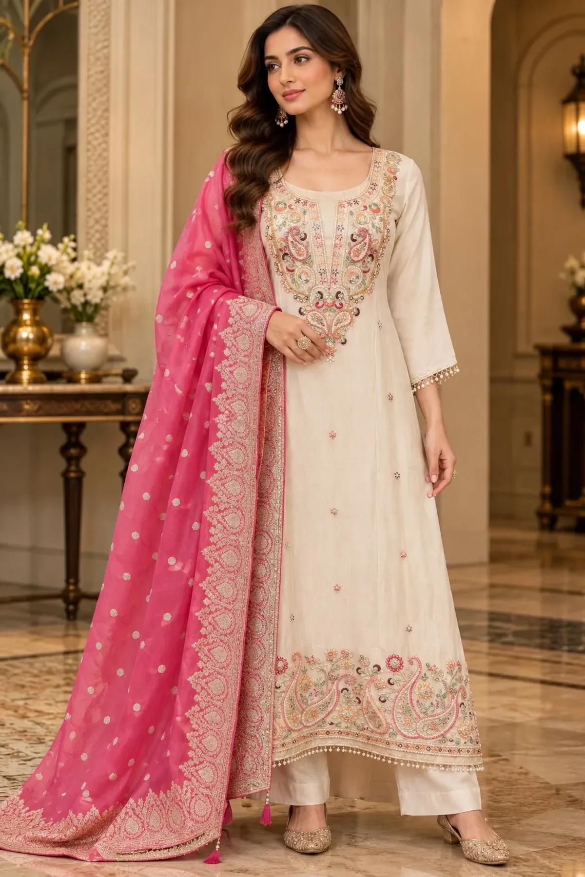 Ivory Elegance Embroidered Suit Set with Magenta Dupatta