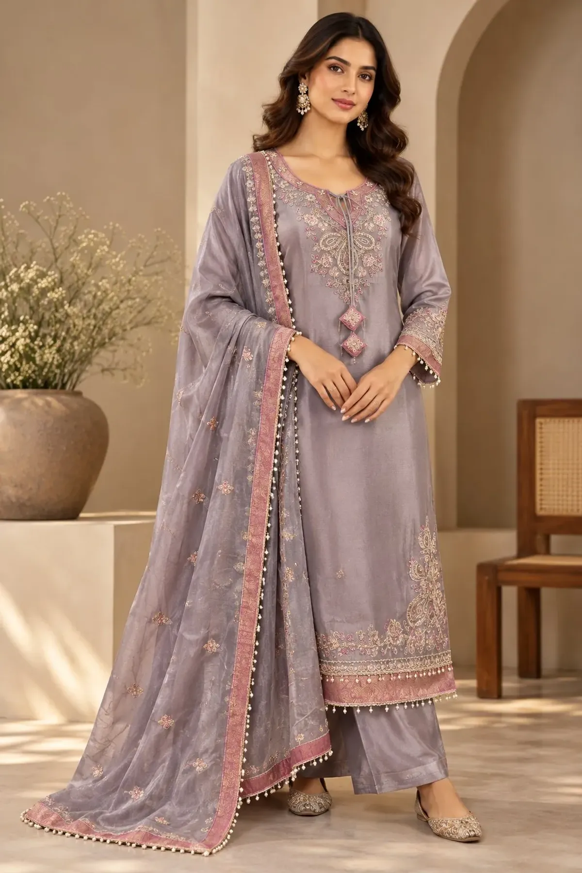 Dusty Mauve Embroidered Suit Set with Pearl-Trimmed Dupatta