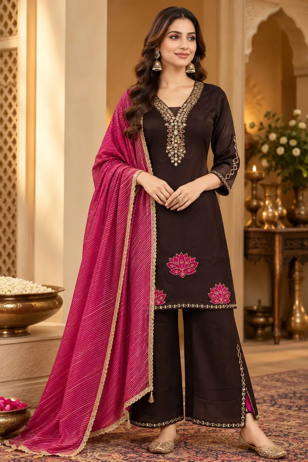 Dark Chocolate Brown Embroidered Suit Set with Magenta Dupatta