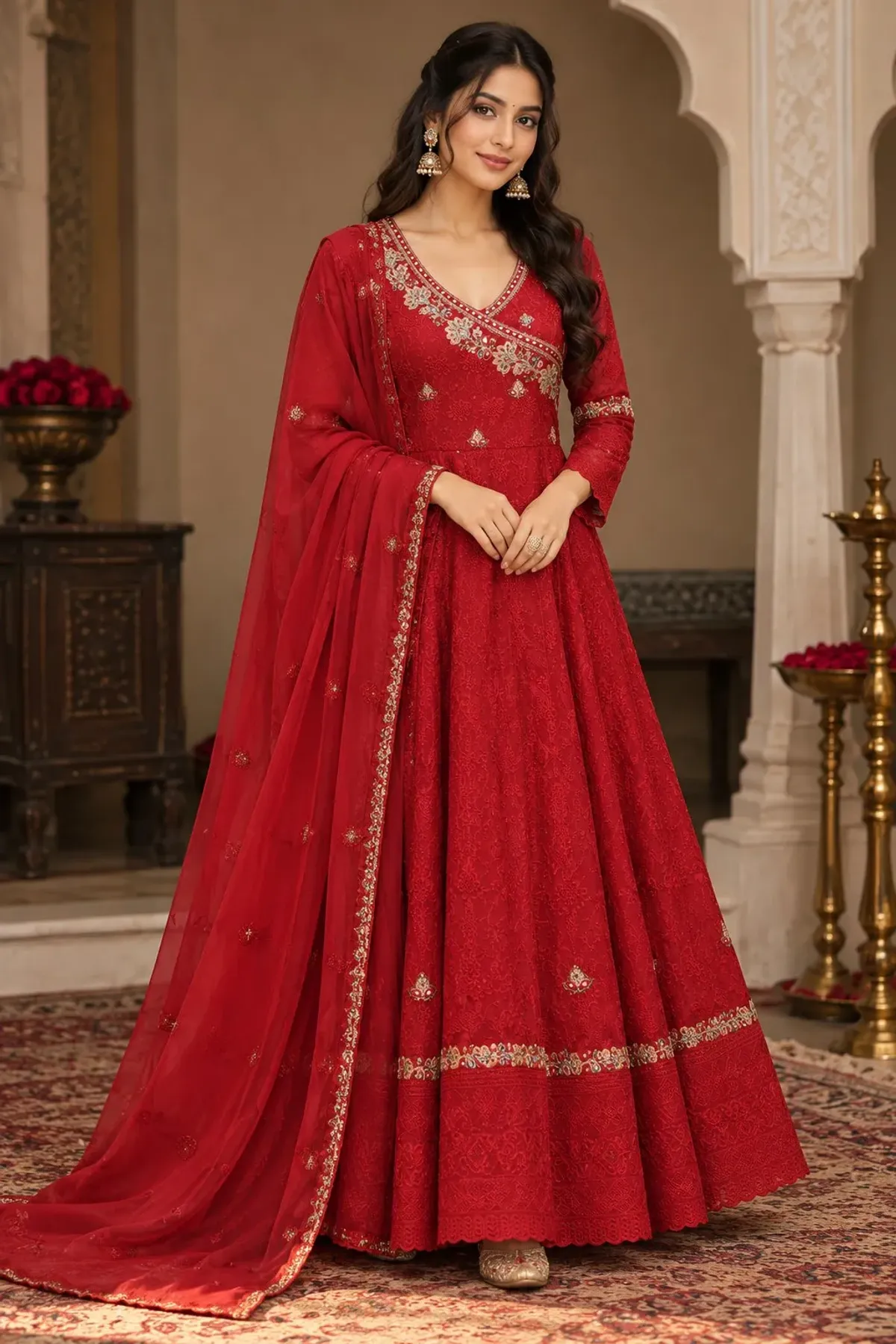 Maroon Embroidered Anarkali Suit with Matching Dupatta