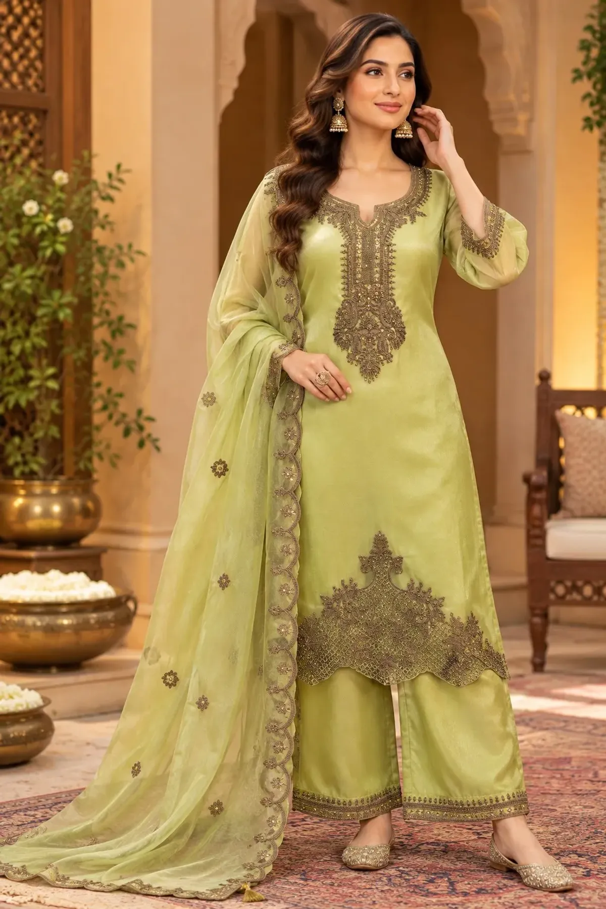 Olive Green Embroidered Salwar Suit Set with Matching Dupatta