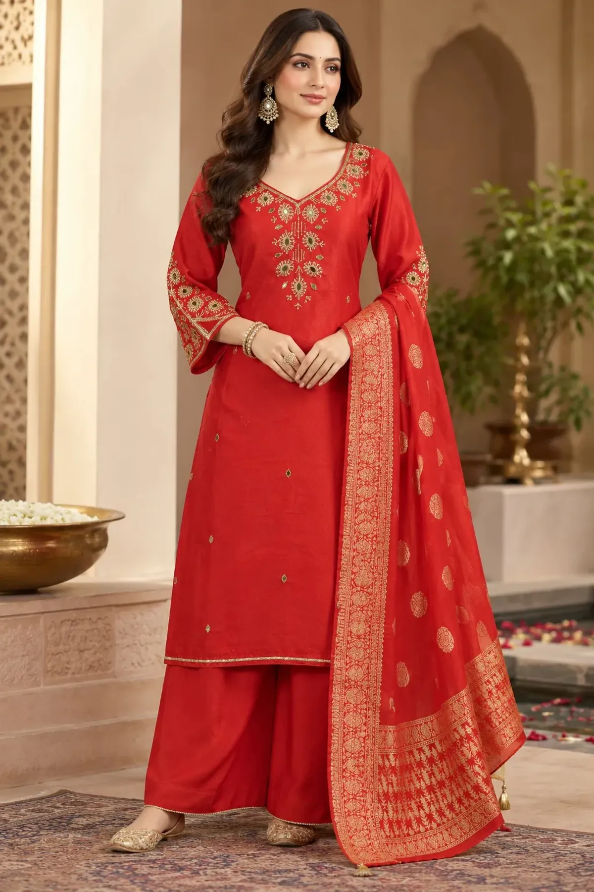 Ruby Radiance Red Embroidered Kurta Set with Dupatta
