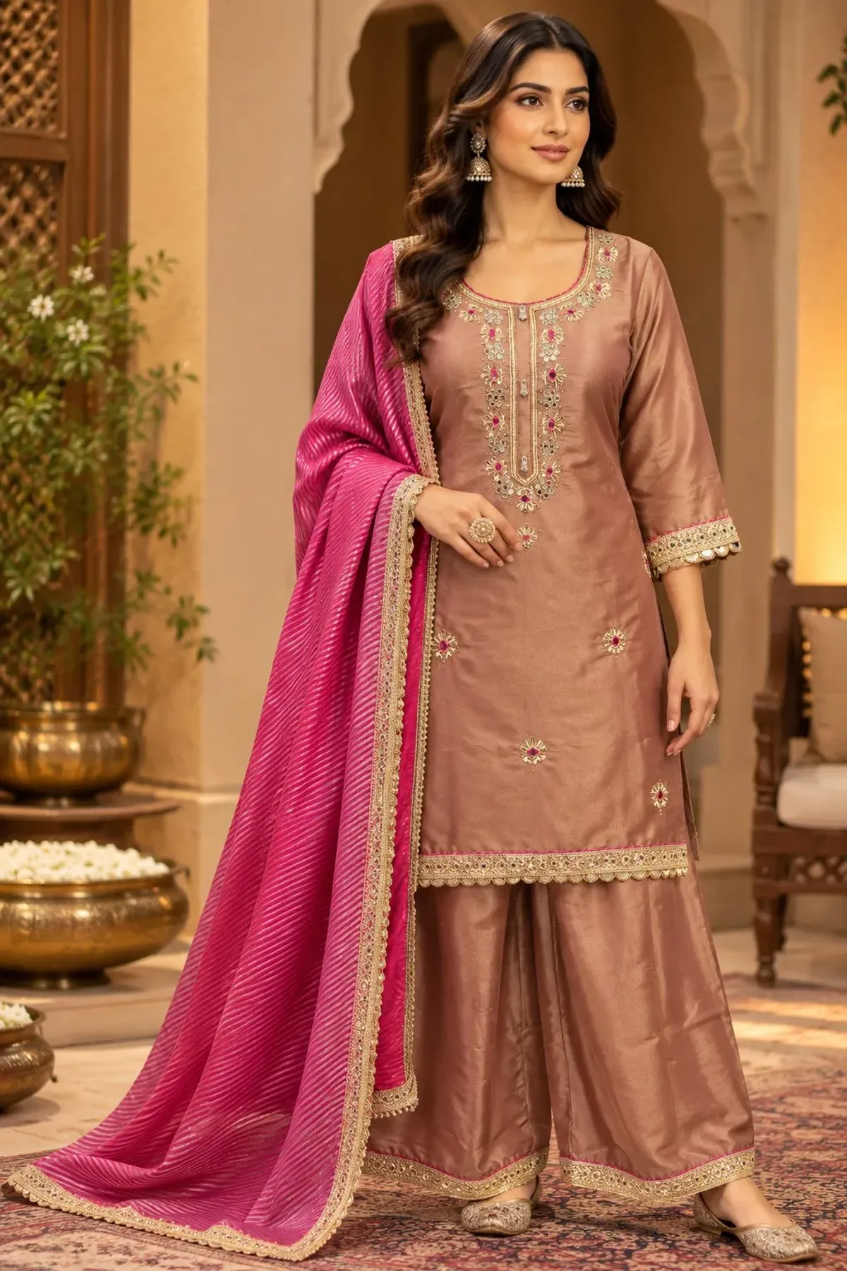 Rose Taupe Embroidered Palazzo Suit Set with Pink Dupatta