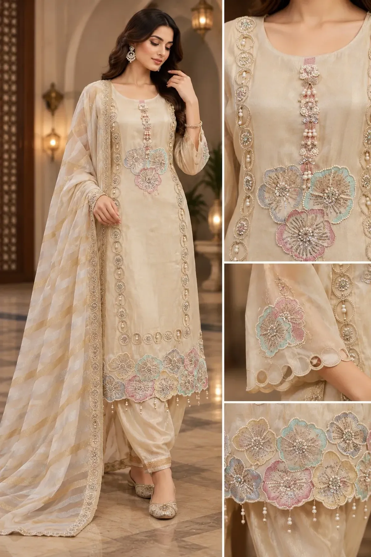 Pastel Ivory Embroidered Suit Set with Striped Dupatta