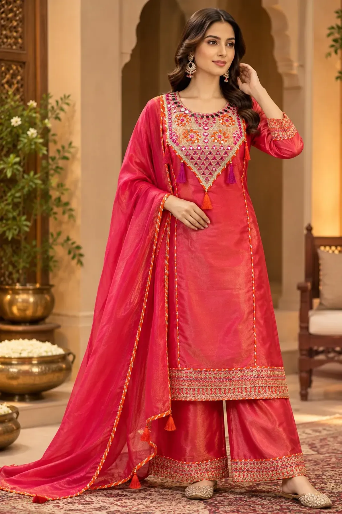 Fuchsia Pink Embroidered Festive Kurta Palazzo Set with Dupatta