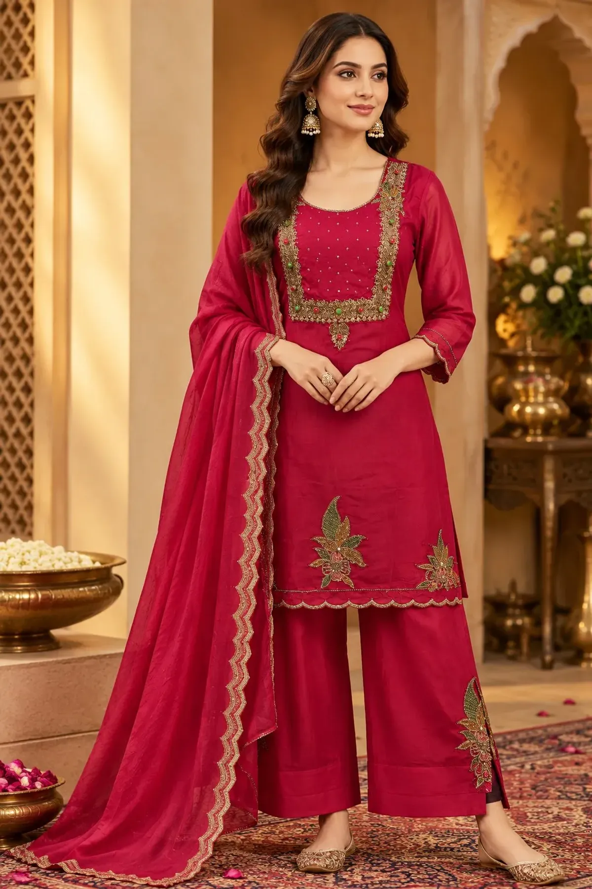Magenta Embroidered Festive Salwar Suit Set with Dupatta