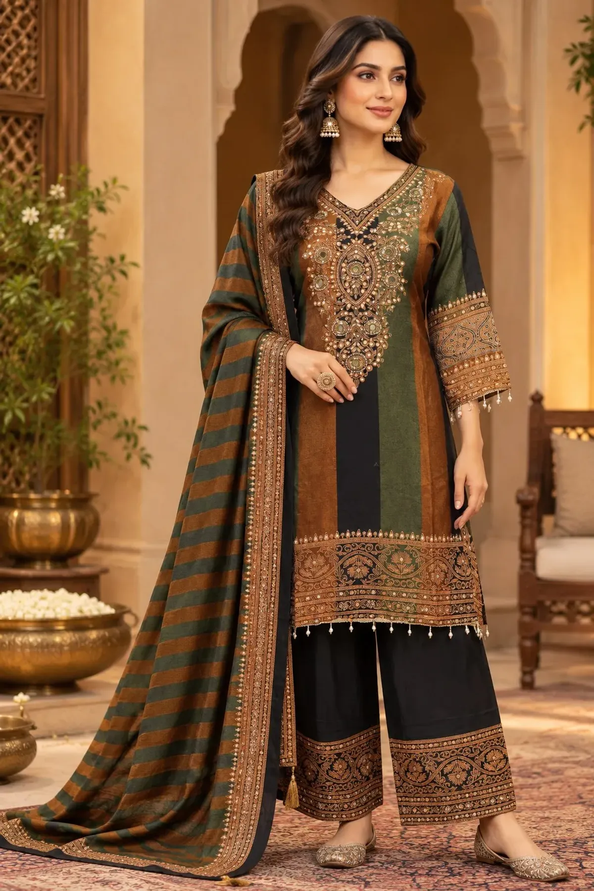 Olive Green, Rust & Black Embroidered Salwar Suit Set with Striped Dupatta