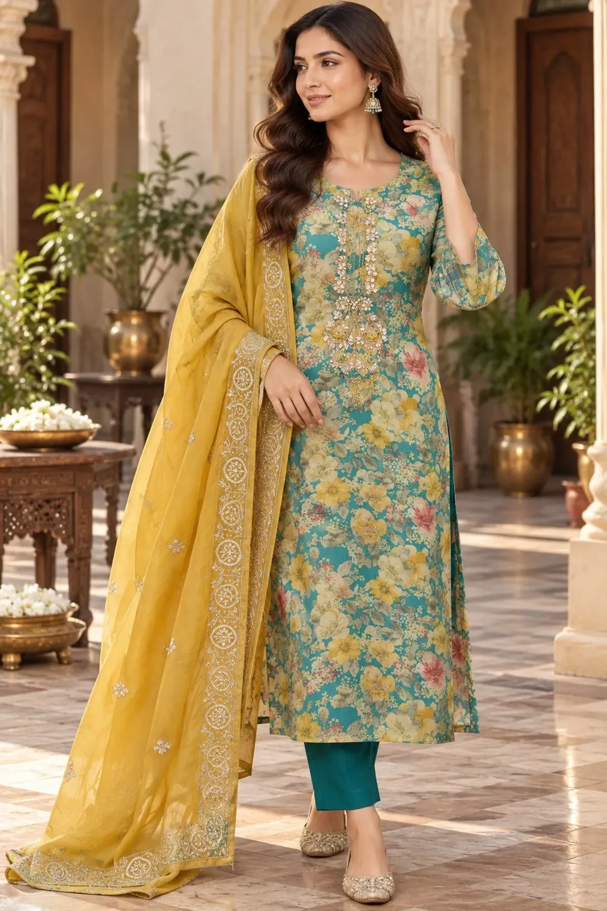 Teal Floral Printed Kurta Set with Mustard Embroidered Dupatta