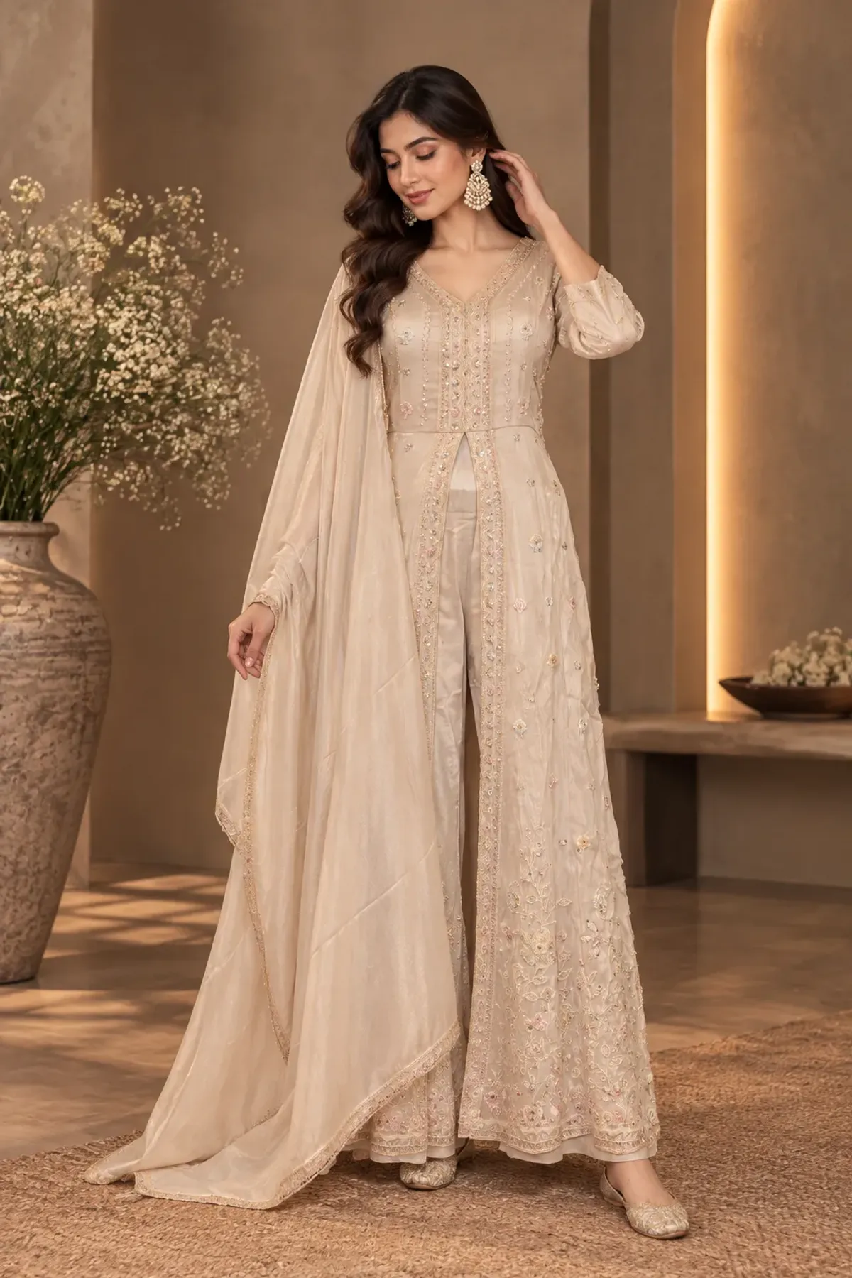 Ivory Embroidered Long Kurta with Straight Pants & Dupatta