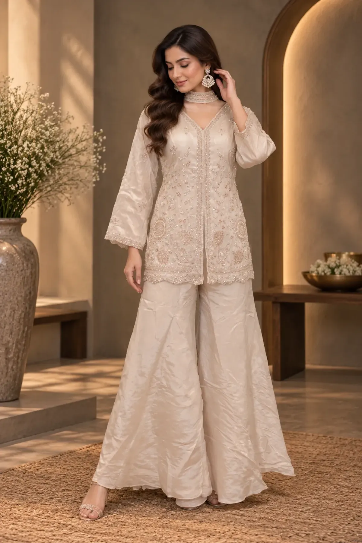 Ivory Embroidered Short Kurta with Flared Palazzo Pants