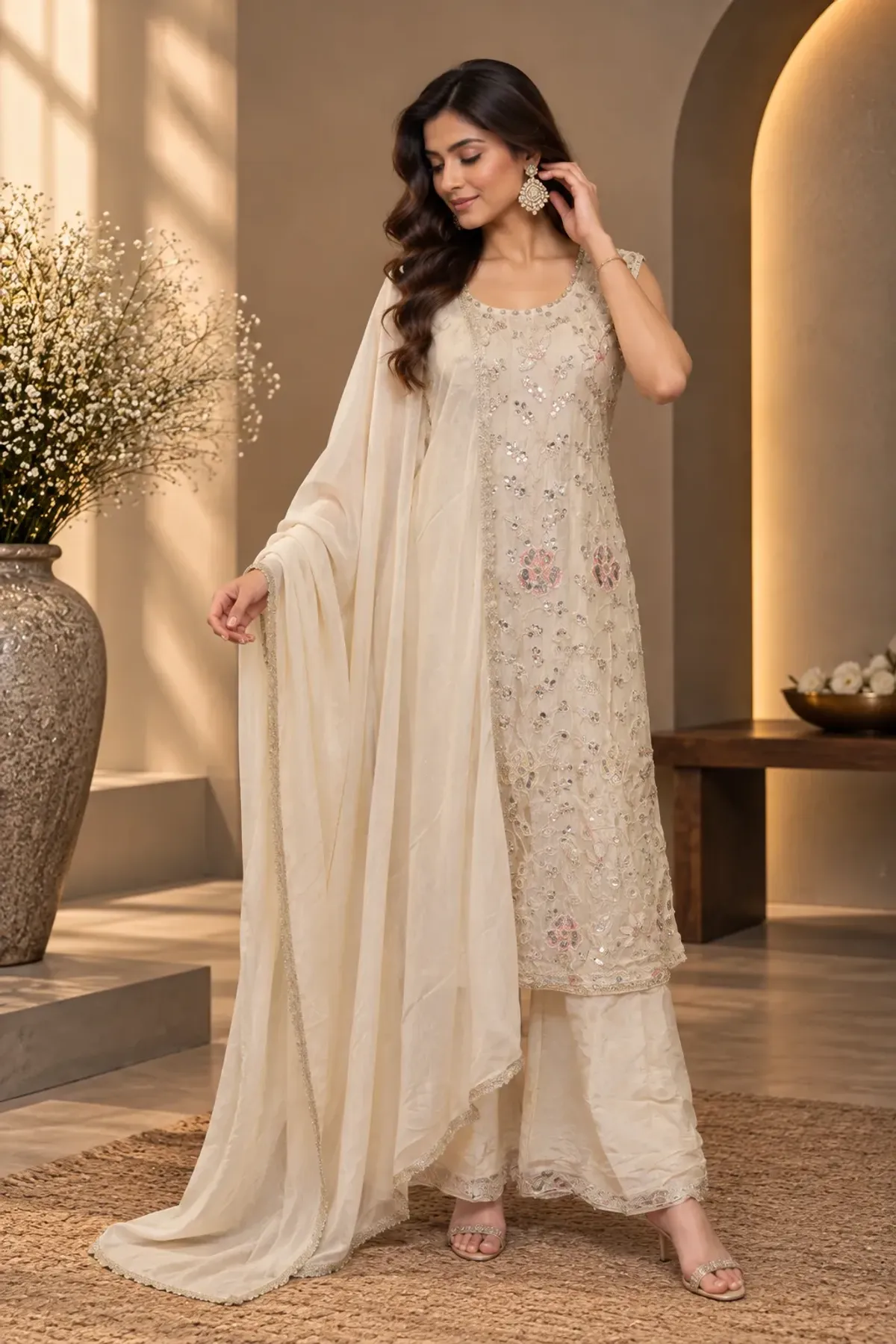 Ivory Embroidered Straight Kurta with Cigarette Pants & Dupatta