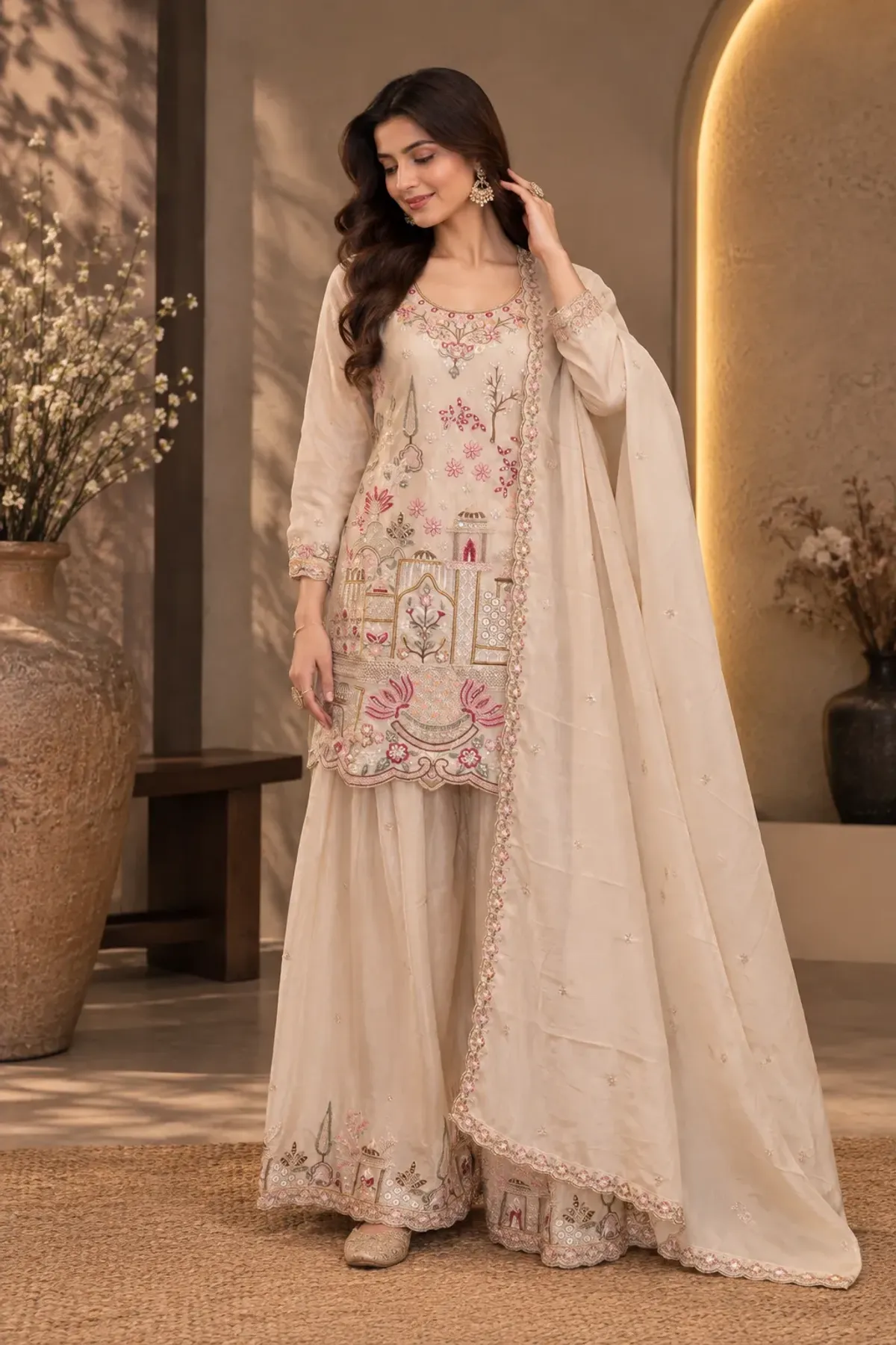 Ivory Embroidered Straight Kurta with Palazzo Pants & Dupatta
