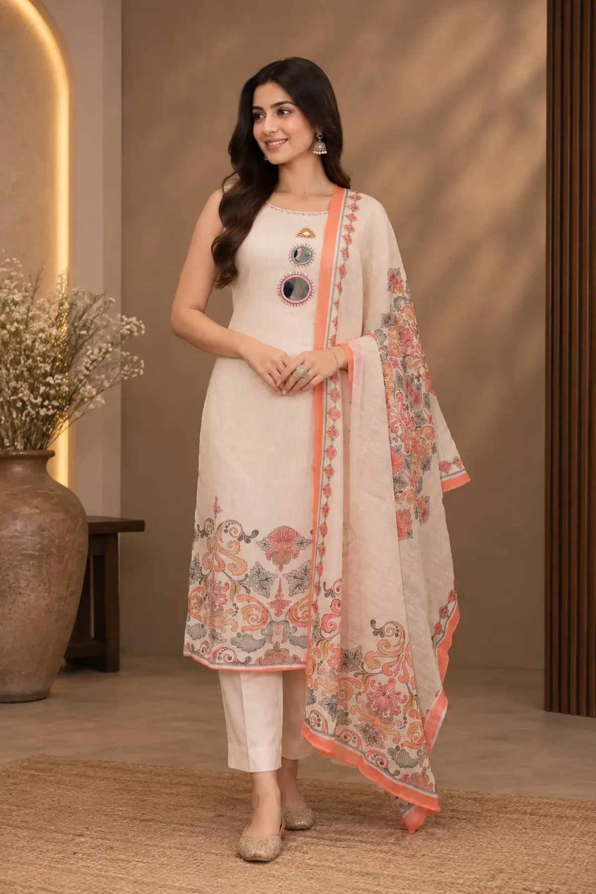 Ivory Peach Floral Mirror Work Kurta Set with Printed Dupatta