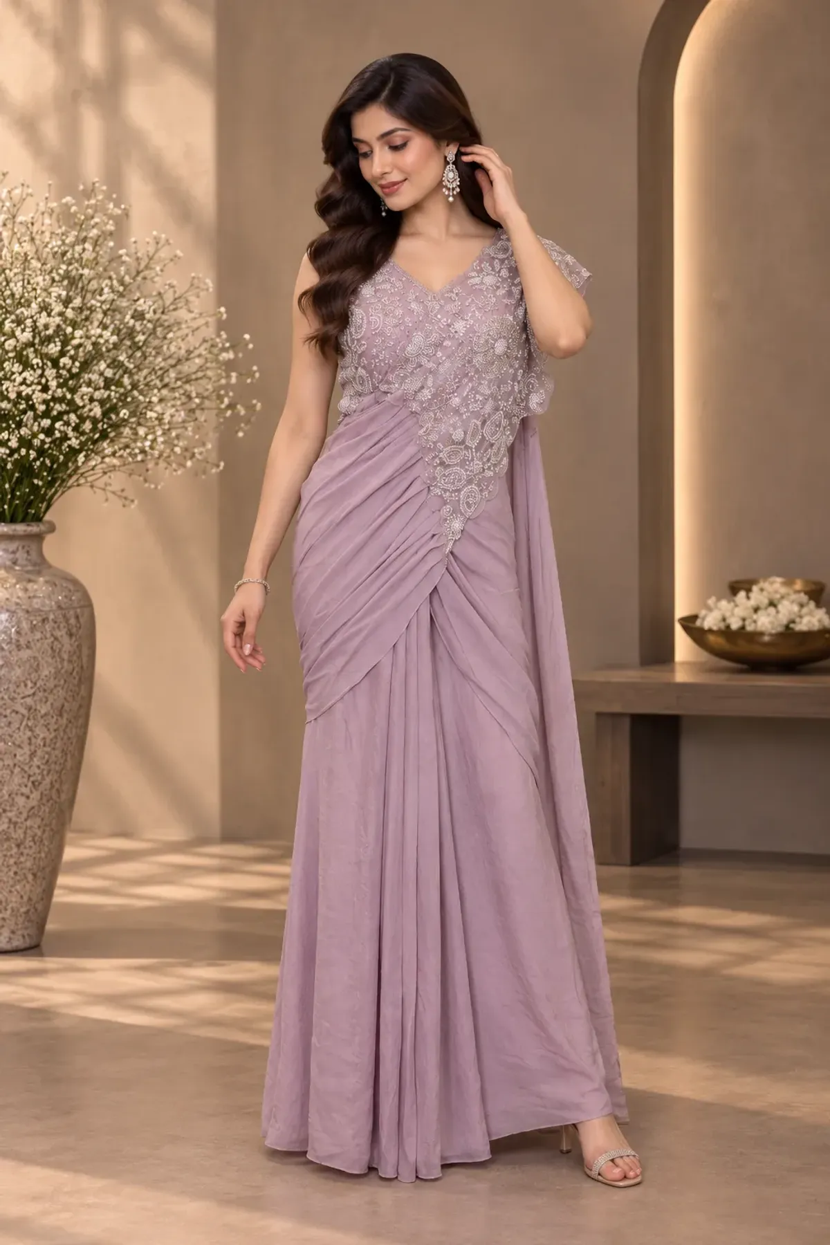 Lavender Embroidered Pre-Draped Saree Gown