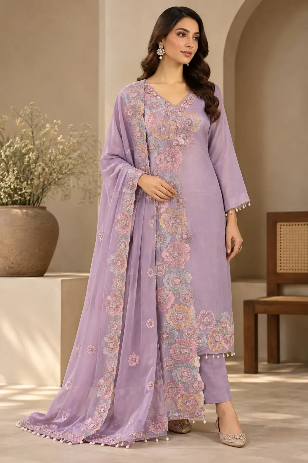 Lavender Bloom Embroidered Ethnic Suit Set