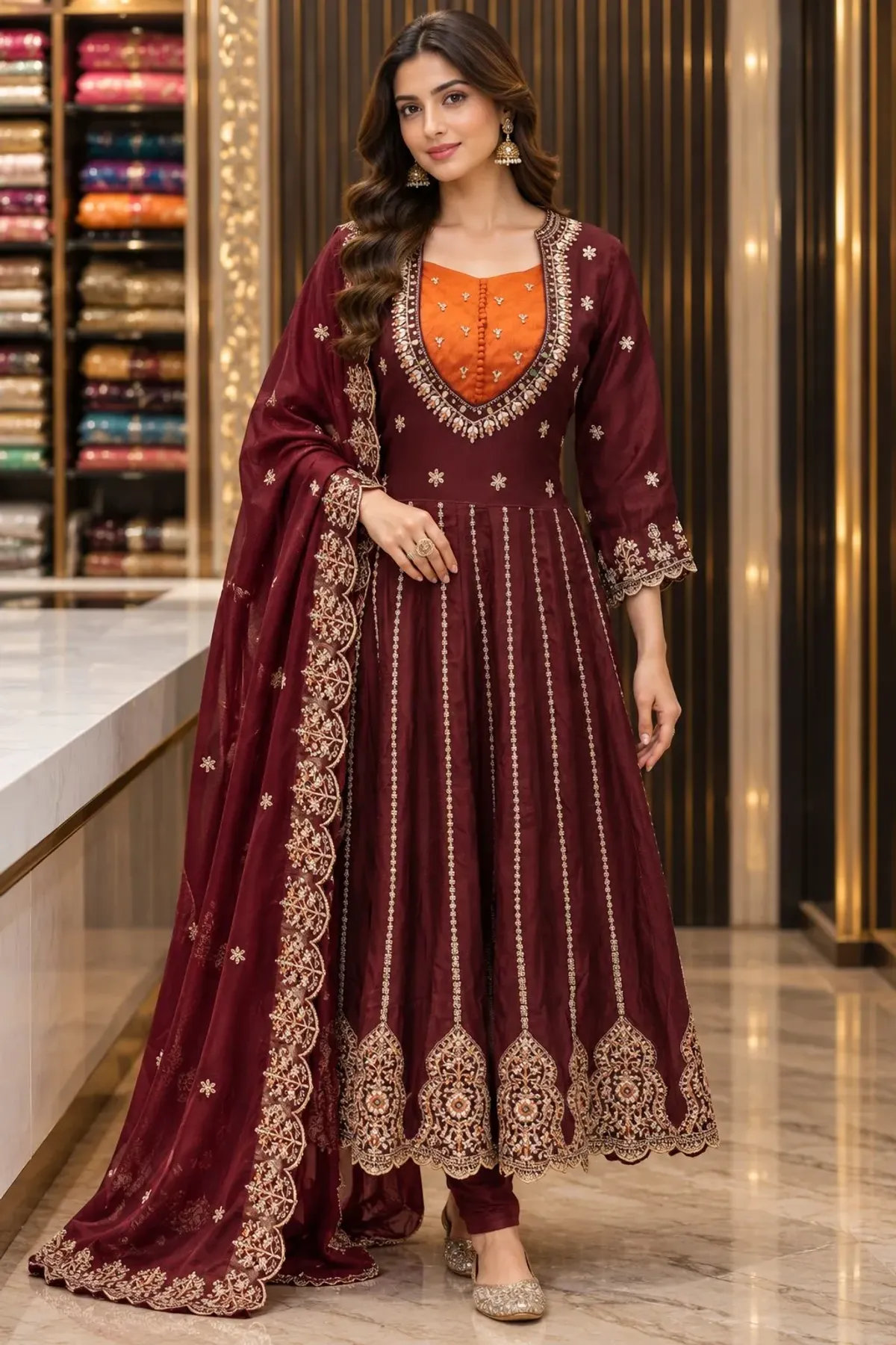 Maroon & Rust Gold-Embroidered Anarkali Suit Set