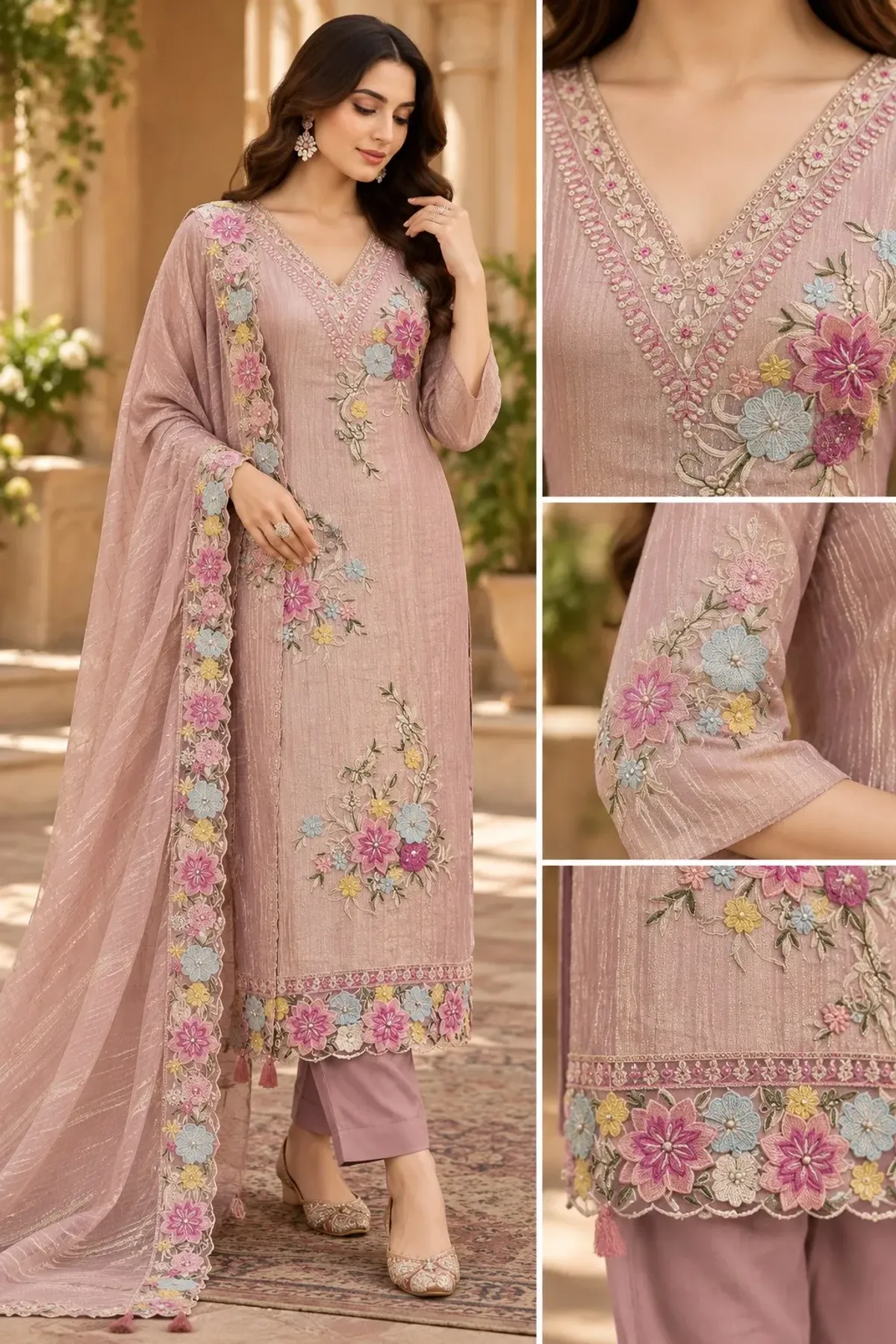 Dusty Rose Floral Embroidered Salwar Suit Set