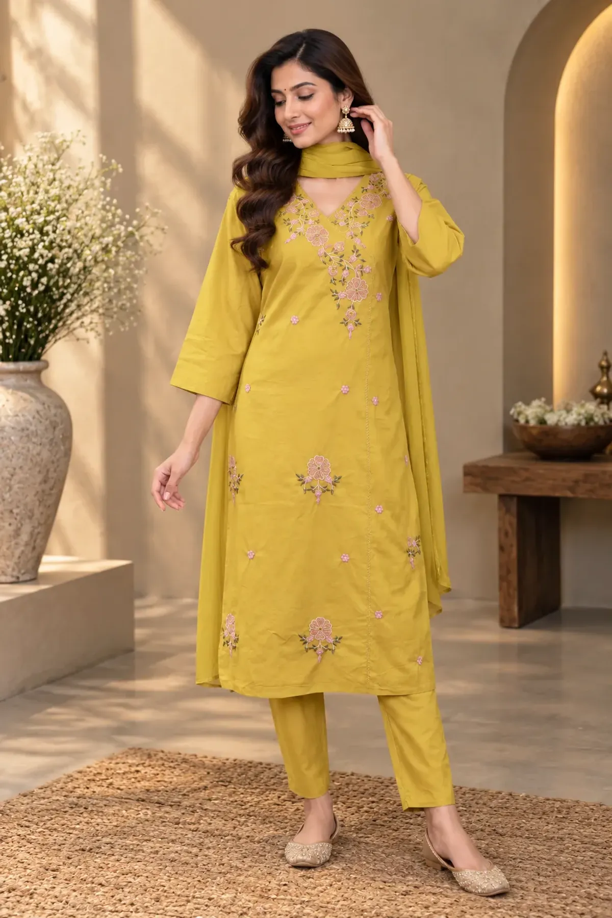 Mustard Yellow Embroidered Straight Kurta Pant Set with Dupatta