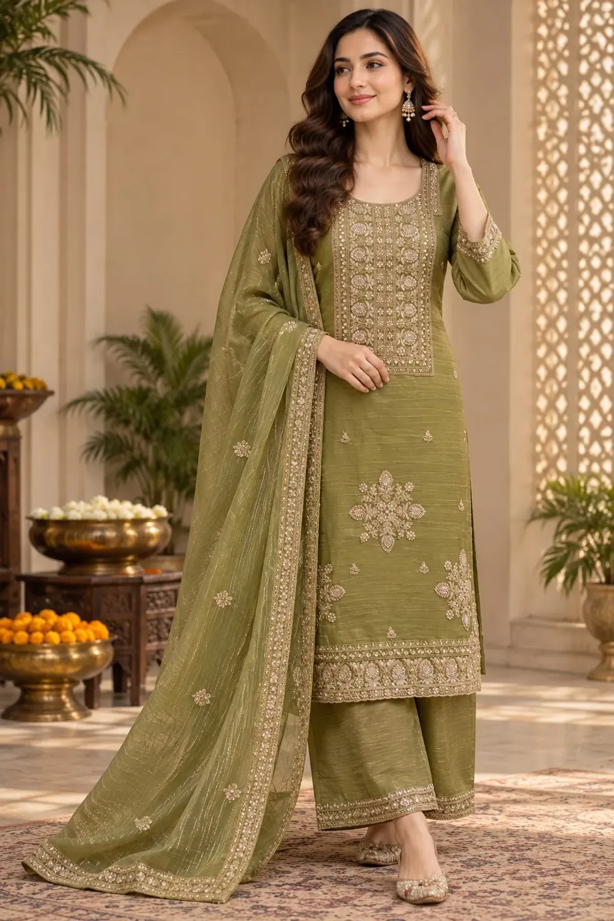 Olive Green Embroidered Kurta Set with Matching Dupatta