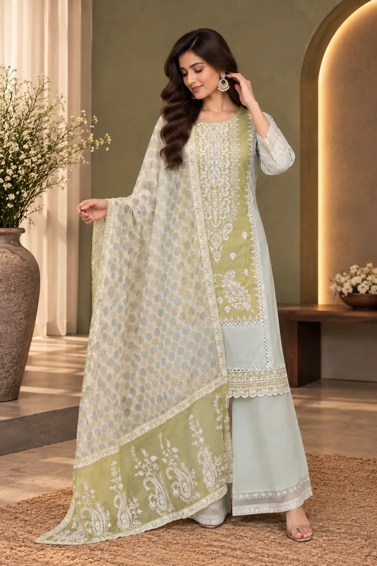 Pastel Green & Powder Blue Embroidered Straight Suit with Palazzo & Dupatta