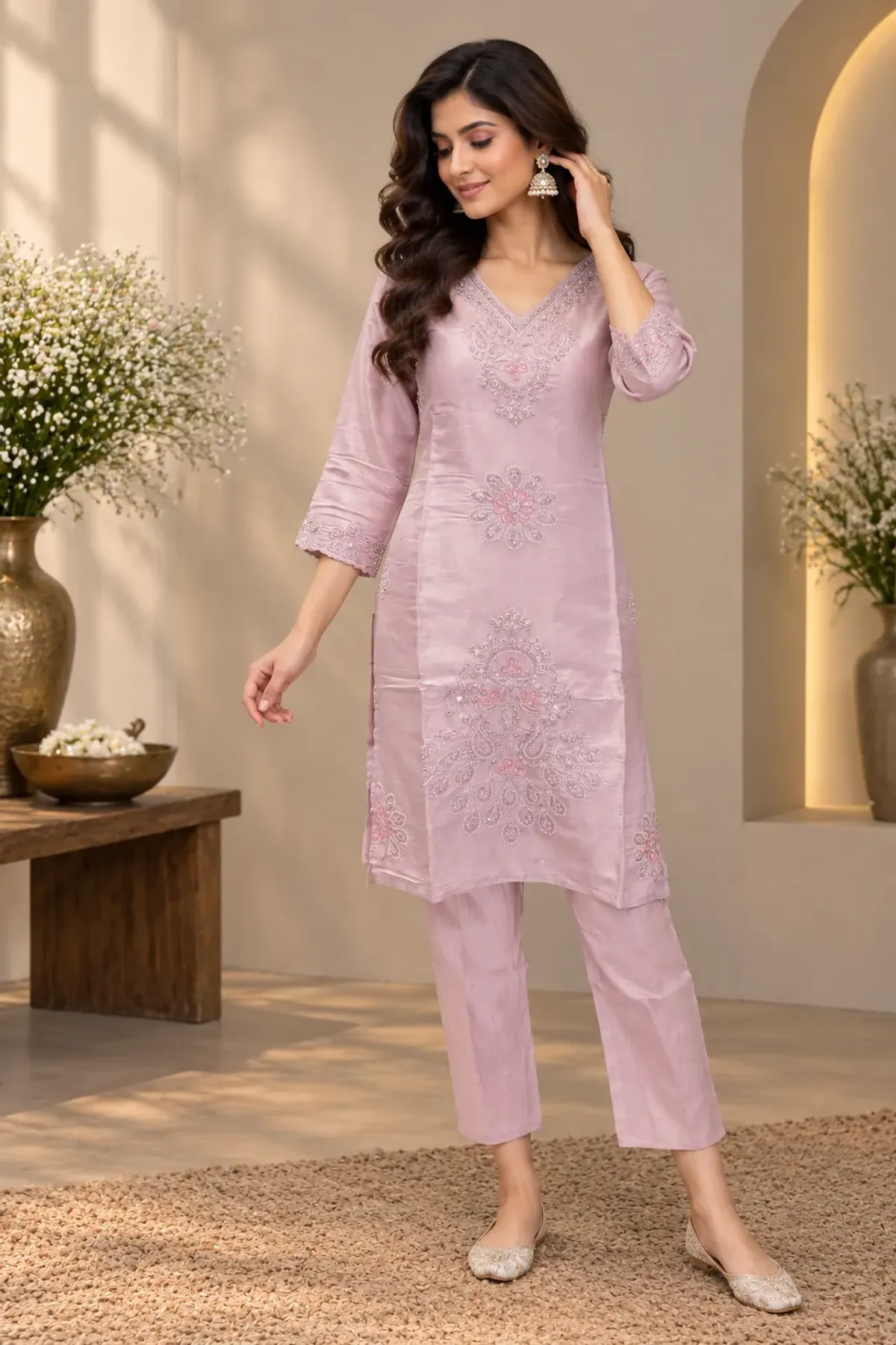 Pastel Lavender Embroidered Straight Kurta Pant Set