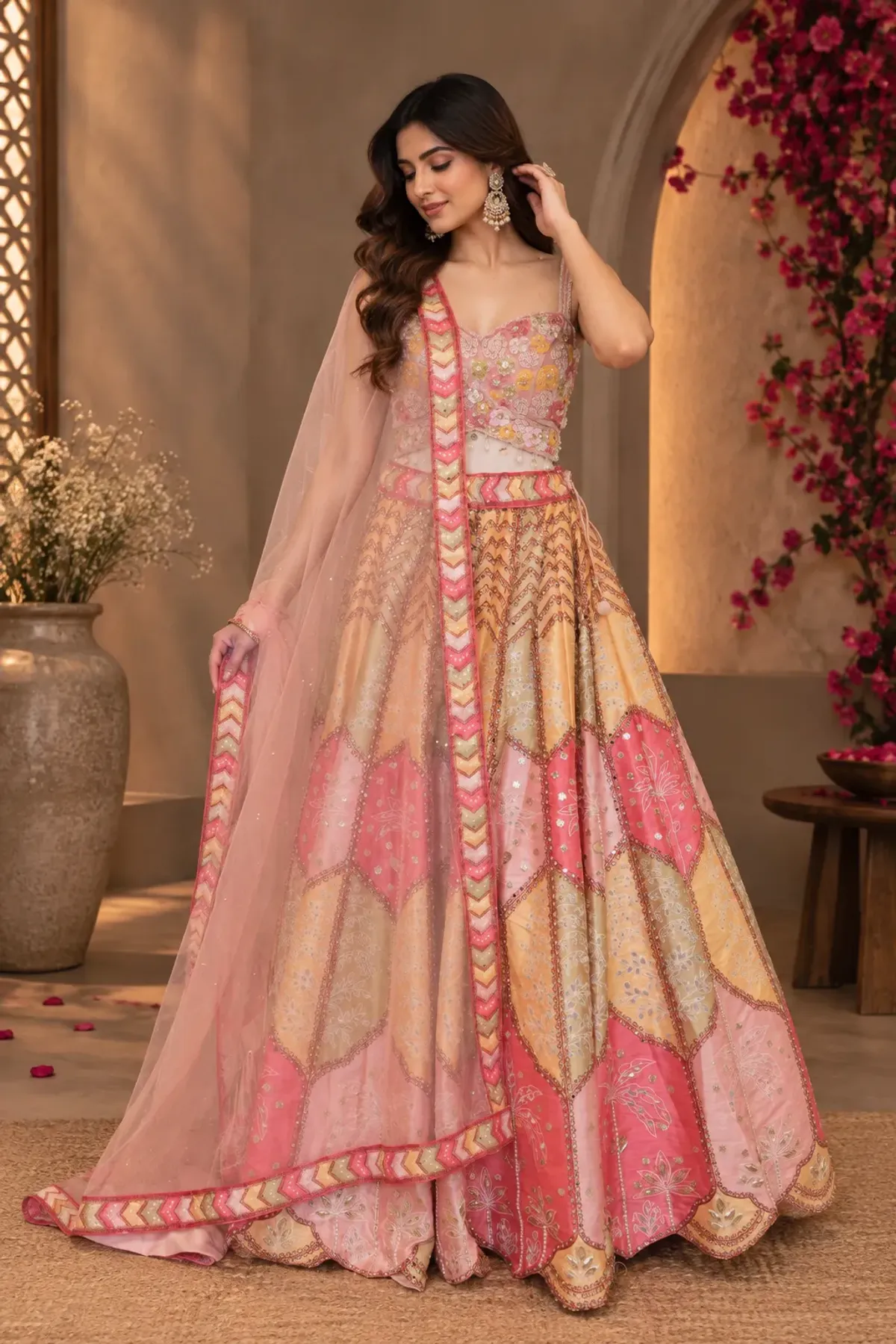 Pastel Pink & Peach Embroidered Lehenga Choli with Sheer Dupatta