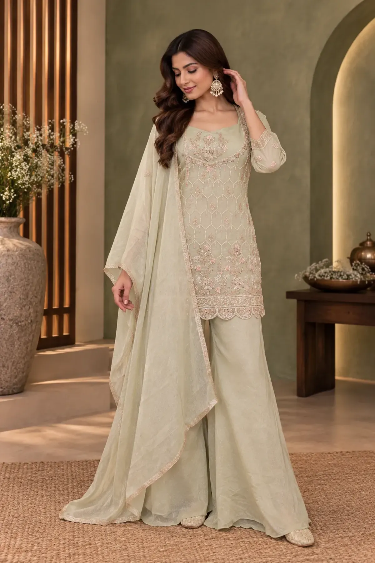 Pastel Sage Green Embroidered Kurta with Palazzo Pants & Dupatta