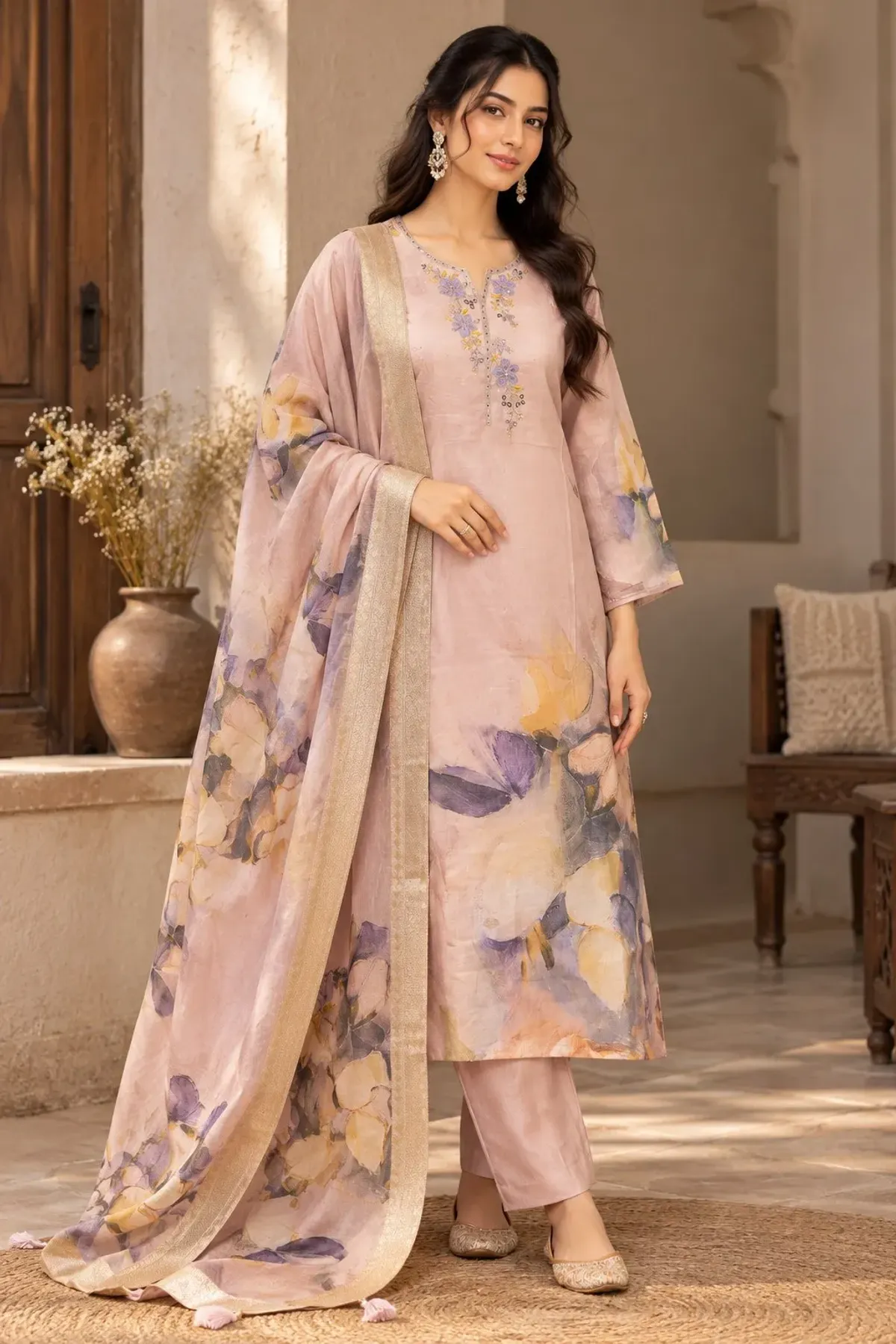 Blush Pink Floral Printed Kurta Set with Matching Dupatta