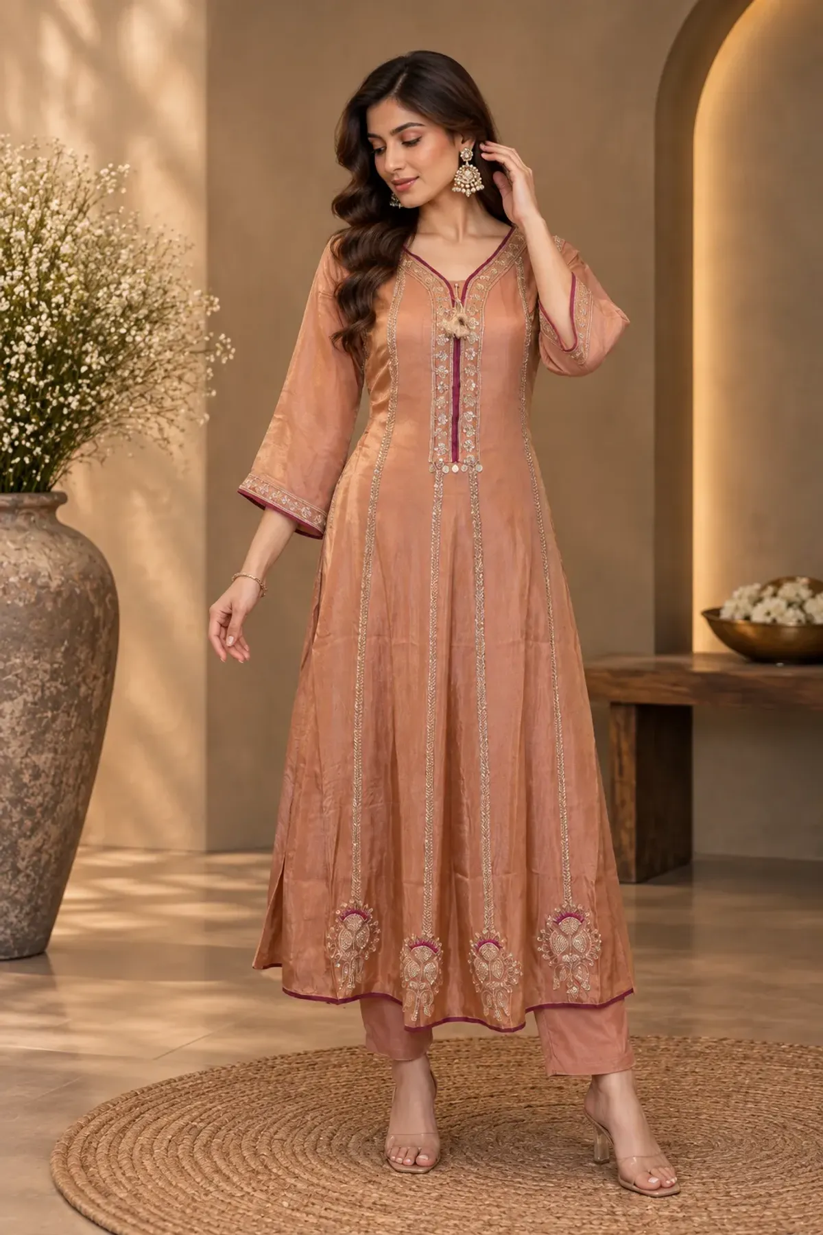 Peachy Rose Anarkali Kurta with Embroidered Border Detailing