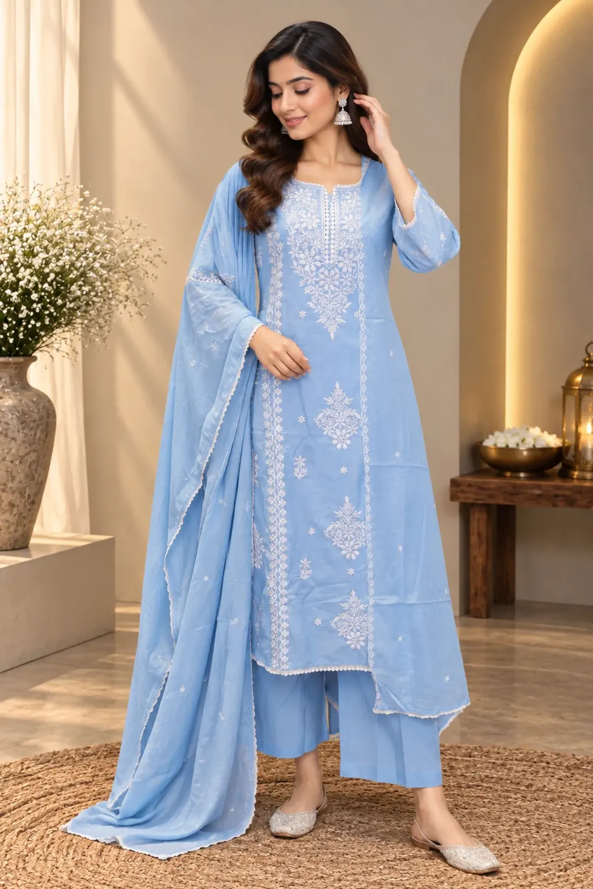 Powder Blue Embroidered Straight Kurta Set with Dupatta