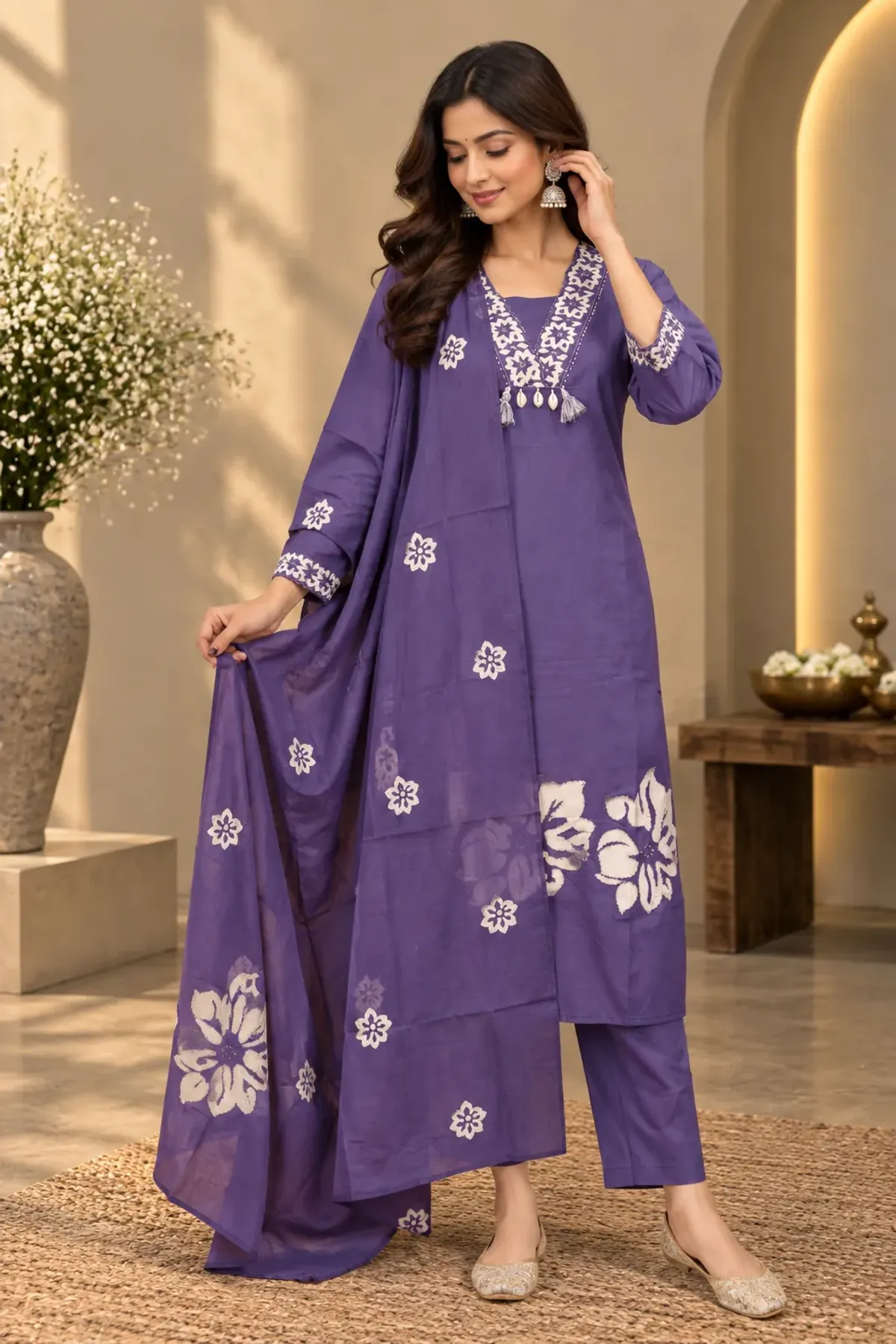 Purple Floral Embroidered Kurta Pant Set with Dupatta