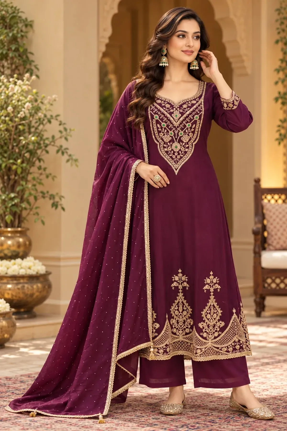 Royal Plum Gold Embroidered Kurta Palazzo Set with Dupatta