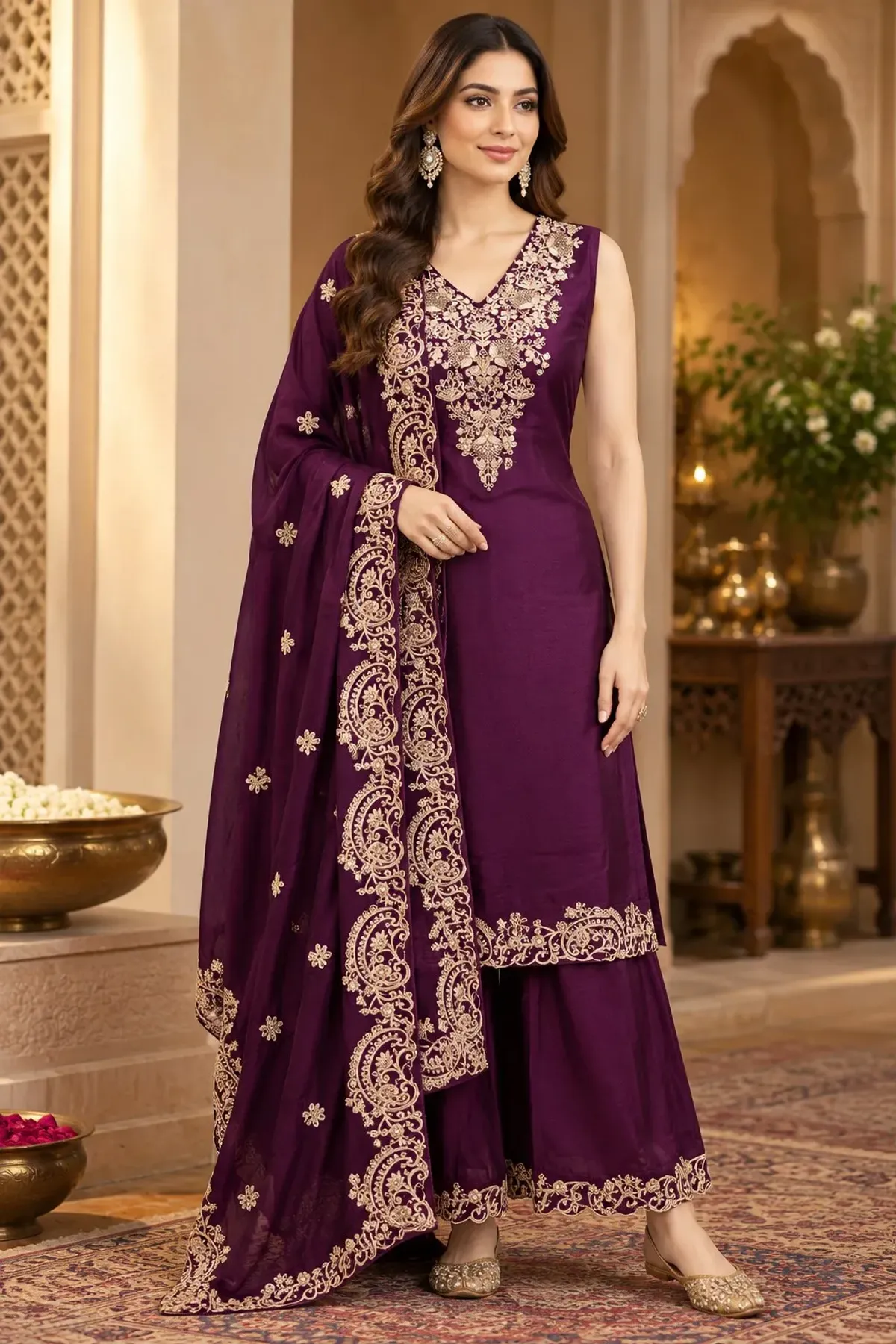 Royal Plum Gold-Embroidered Sharara Suit Set with Dupatta