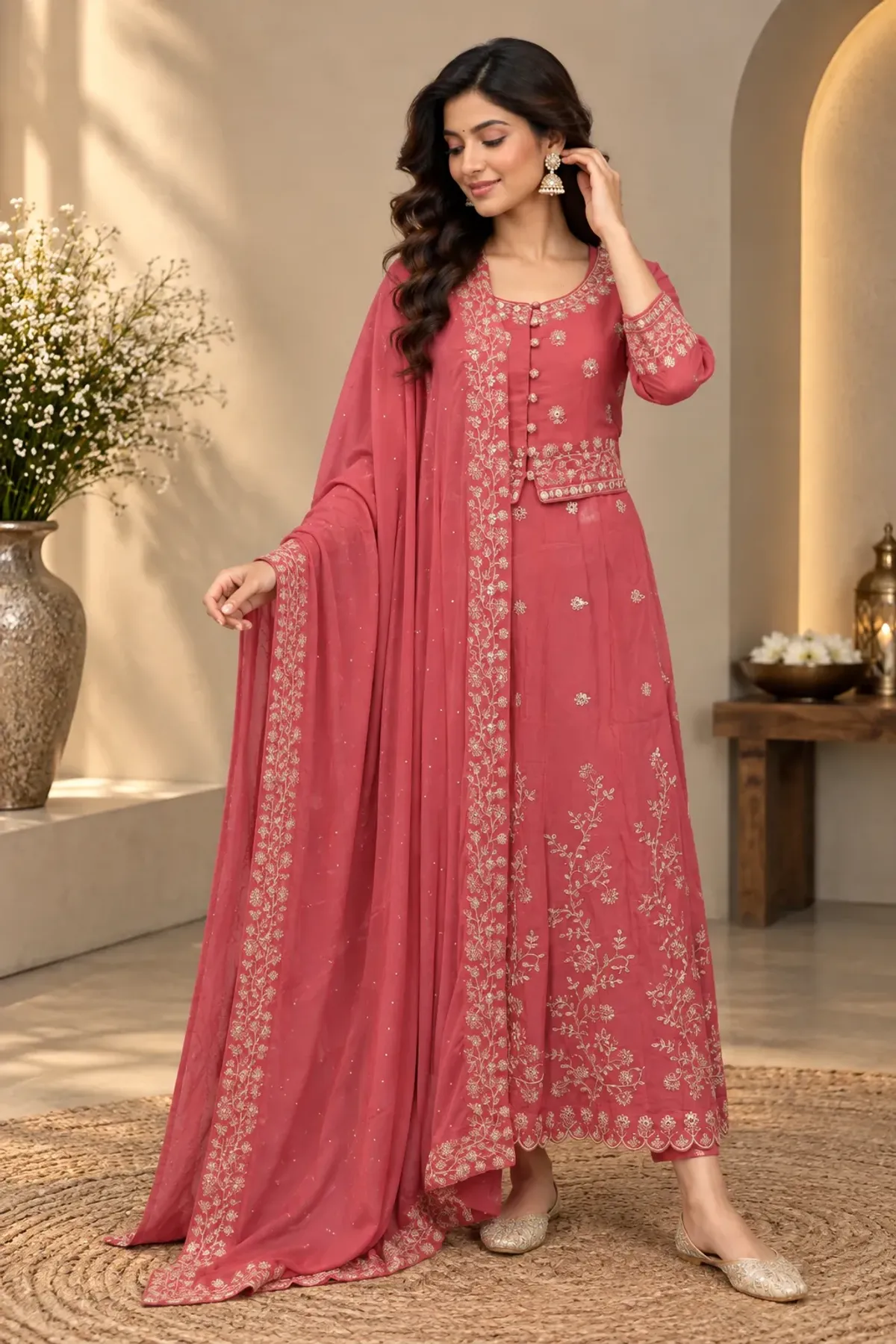 Rose Pink Embroidered Anarkali Suit Set with Dupatta